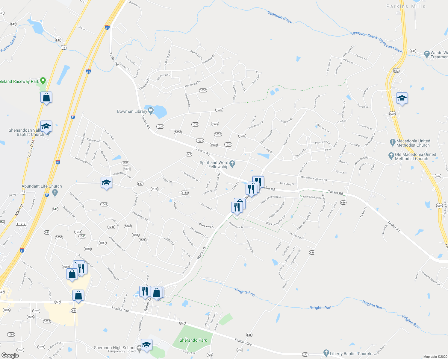 map of restaurants, bars, coffee shops, grocery stores, and more near 120 Bayberry Court in Stephens City