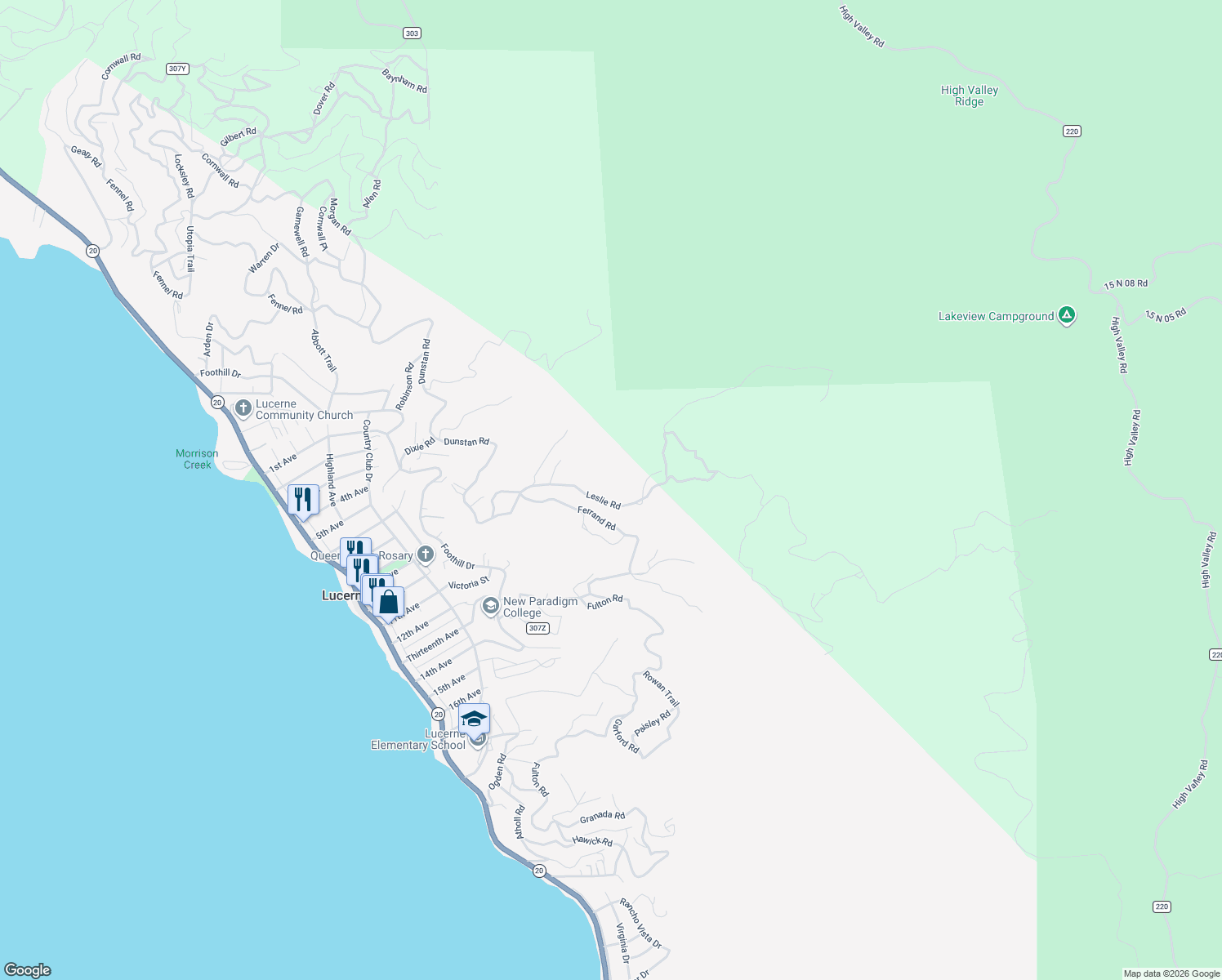 map of restaurants, bars, coffee shops, grocery stores, and more near 6972 Leslie Road in Lucerne