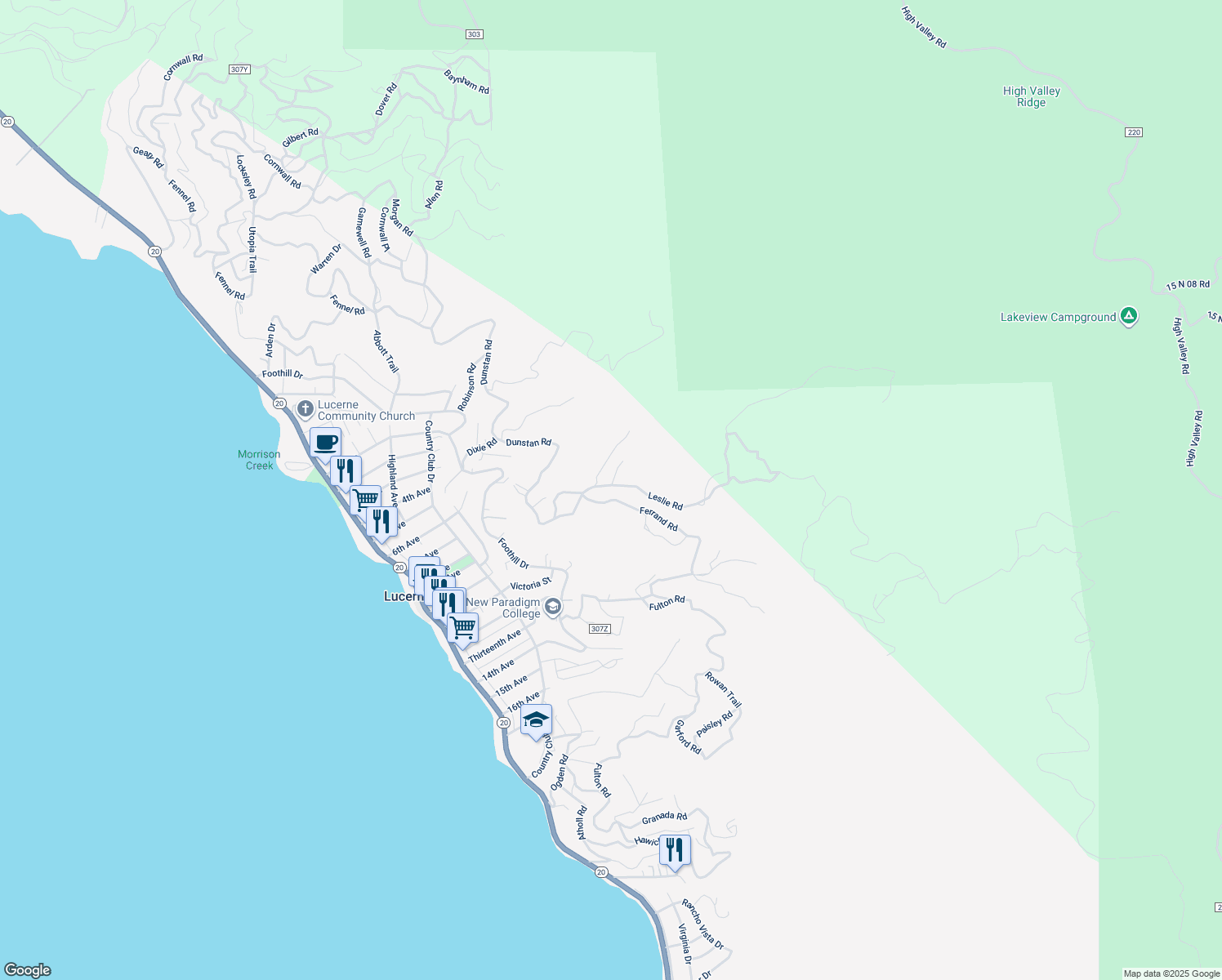 map of restaurants, bars, coffee shops, grocery stores, and more near 6777 Leslie Road in Lucerne