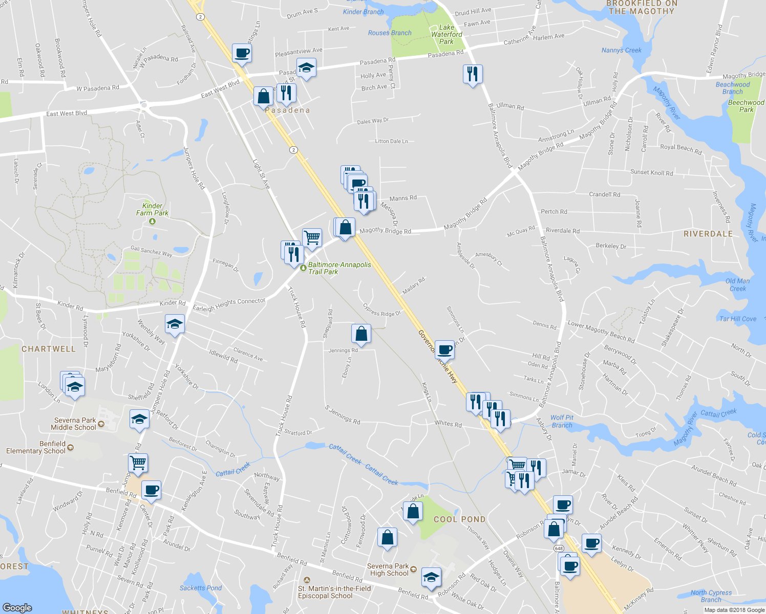 map of restaurants, bars, coffee shops, grocery stores, and more near 216 Cypress Ridge Drive in Severna Park