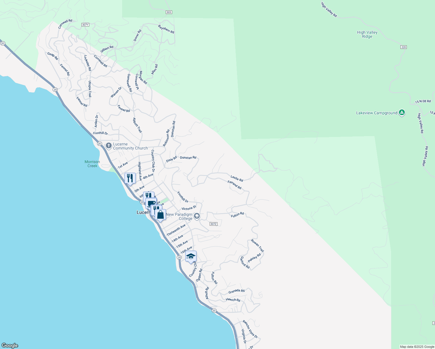 map of restaurants, bars, coffee shops, grocery stores, and more near 6777 Leslie Road in Lucerne