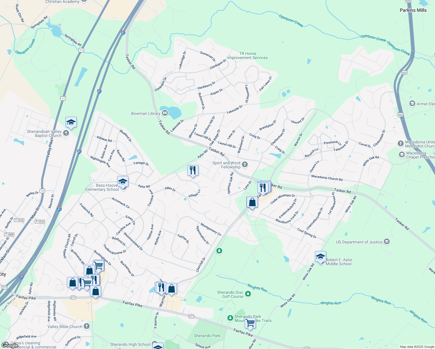 map of restaurants, bars, coffee shops, grocery stores, and more near 121 Button Bush Avenue in Stephens City