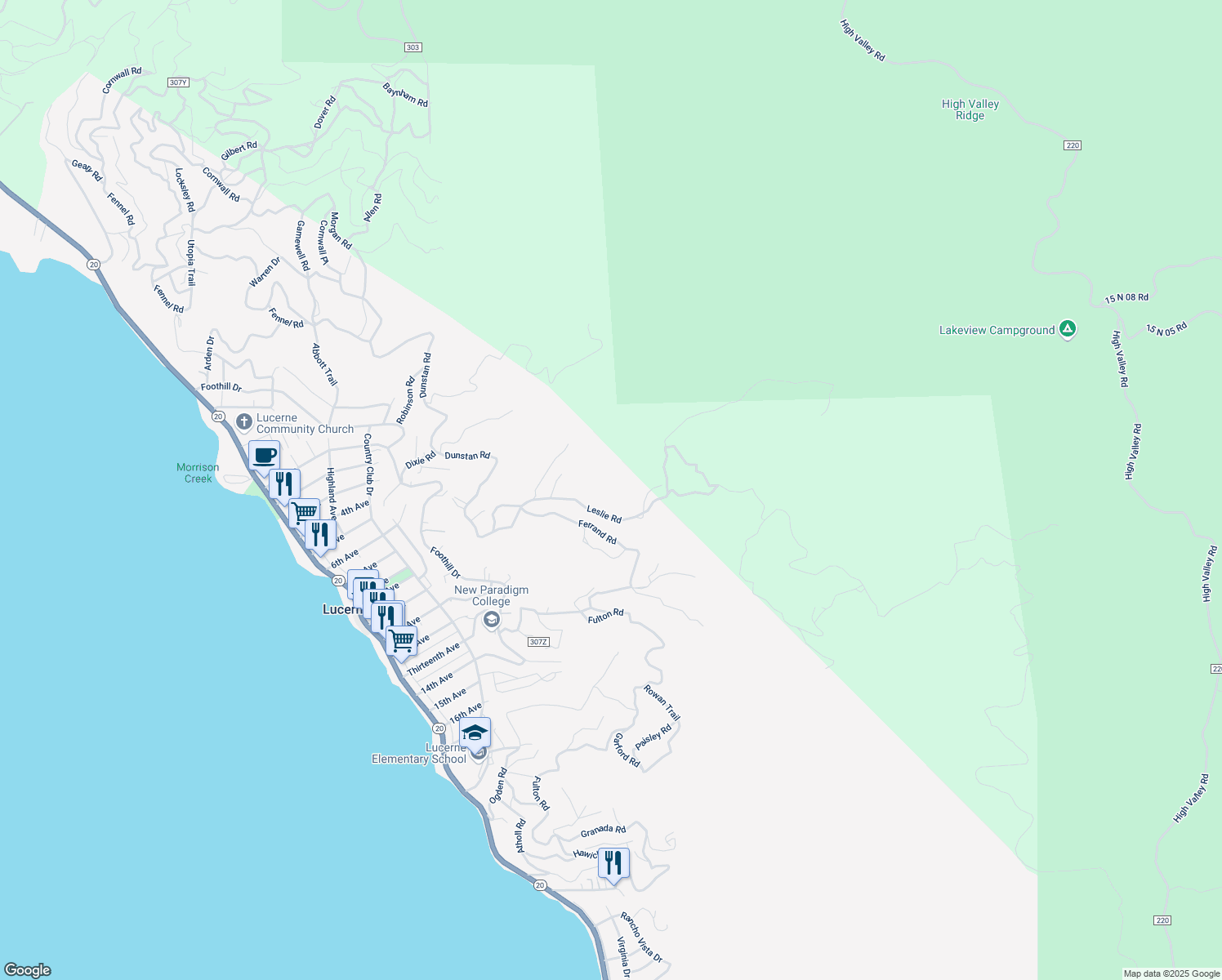 map of restaurants, bars, coffee shops, grocery stores, and more near 6983 Leslie Road in Lucerne