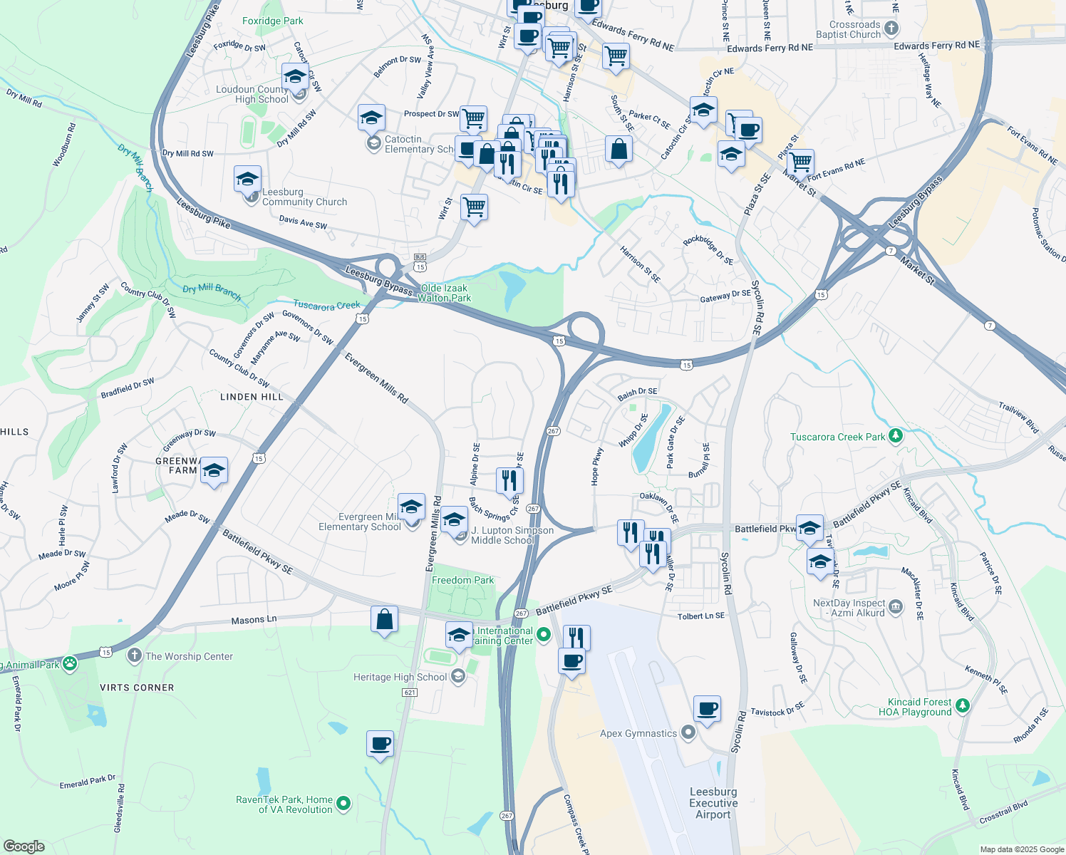 map of restaurants, bars, coffee shops, grocery stores, and more near 155 Alpine Drive Southeast in Leesburg