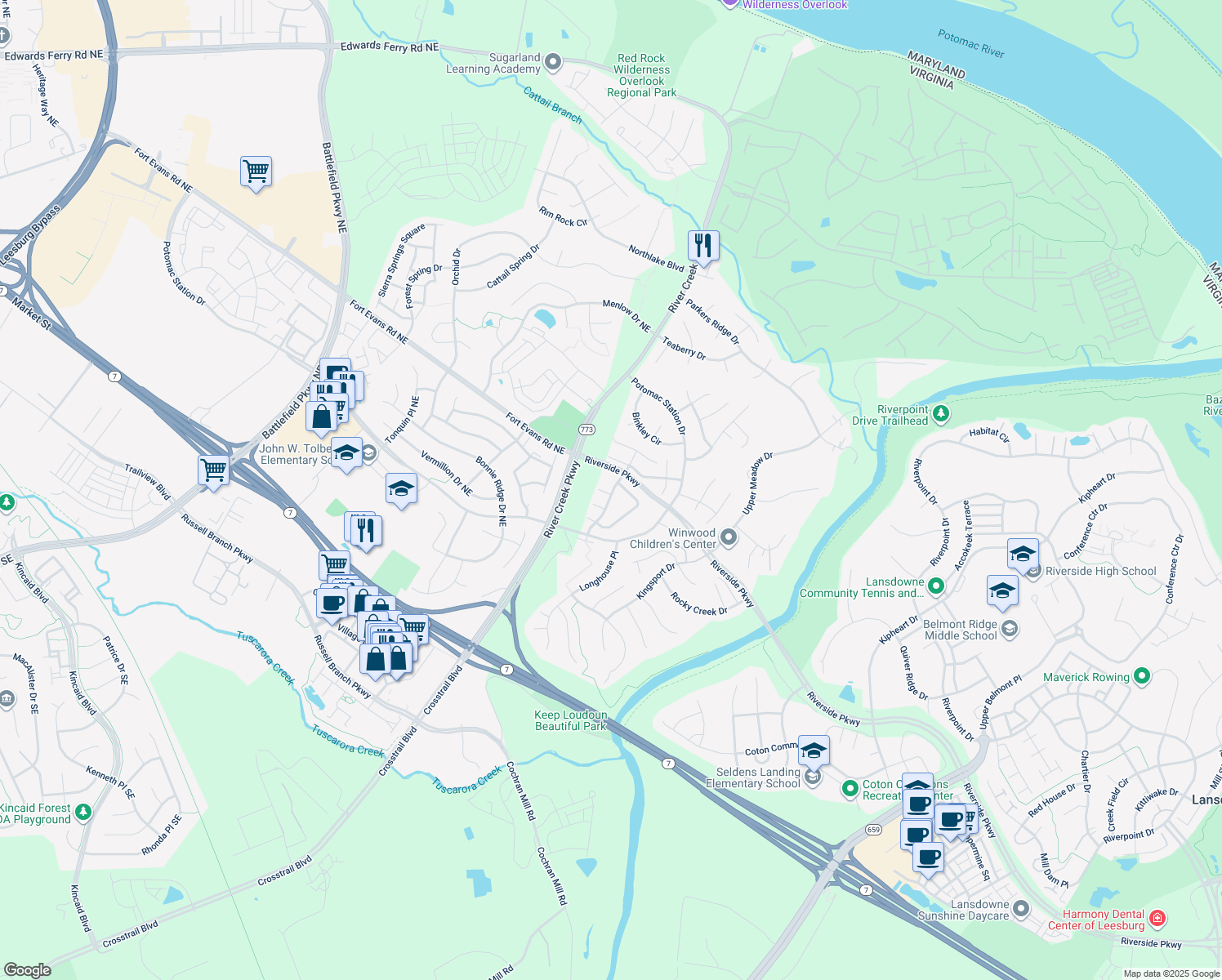 map of restaurants, bars, coffee shops, grocery stores, and more near 43036 Rundle Terrace in Leesburg
