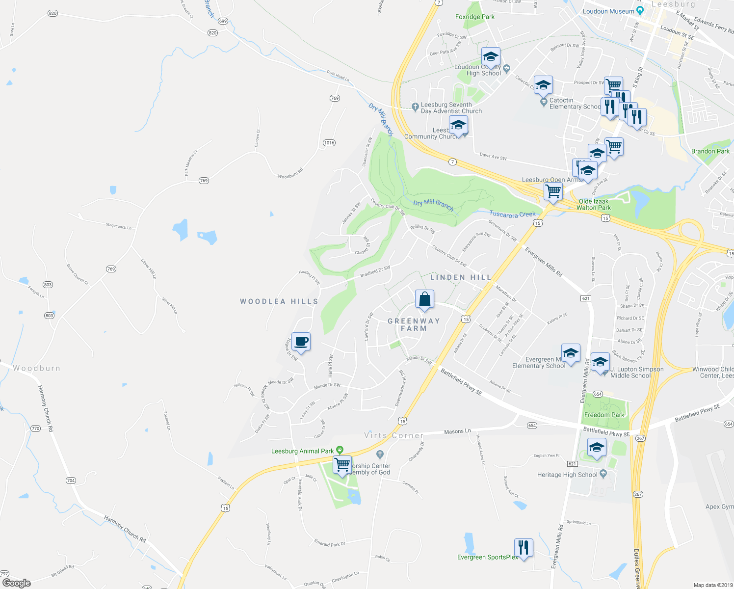 map of restaurants, bars, coffee shops, grocery stores, and more near 320 Nickels Dr SW in Leesburg