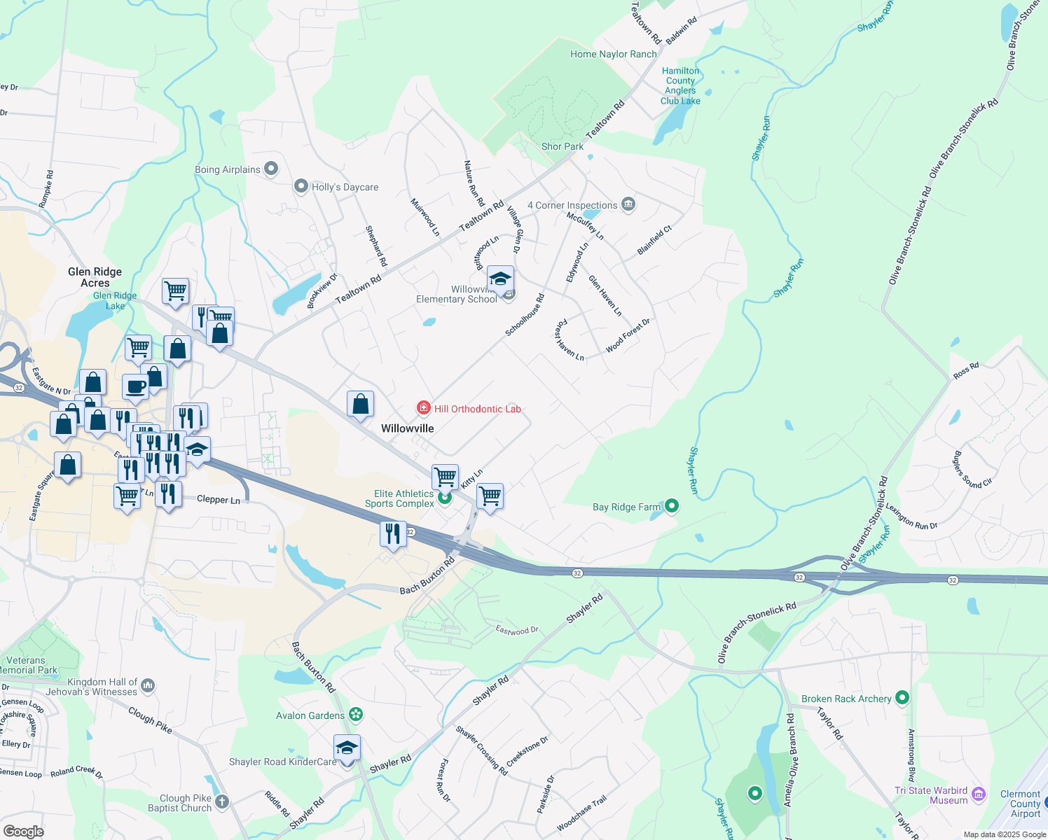 map of restaurants, bars, coffee shops, grocery stores, and more near 4463 Kitty Lane in Batavia