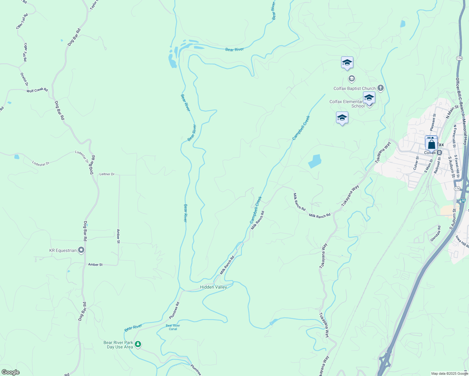 map of restaurants, bars, coffee shops, grocery stores, and more near 1720 River View Lane in Colfax