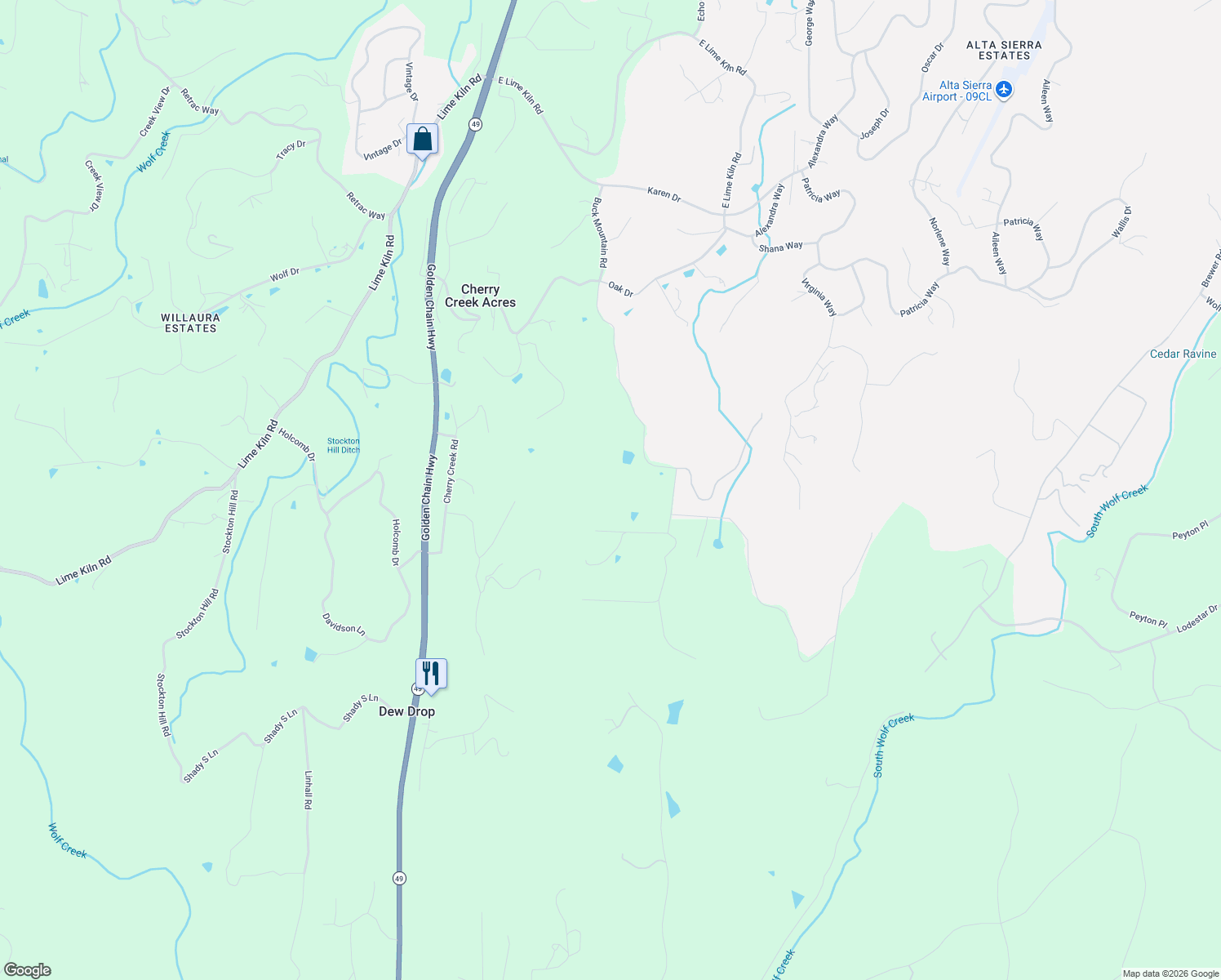map of restaurants, bars, coffee shops, grocery stores, and more near 18966 Summerland Court in Grass Valley