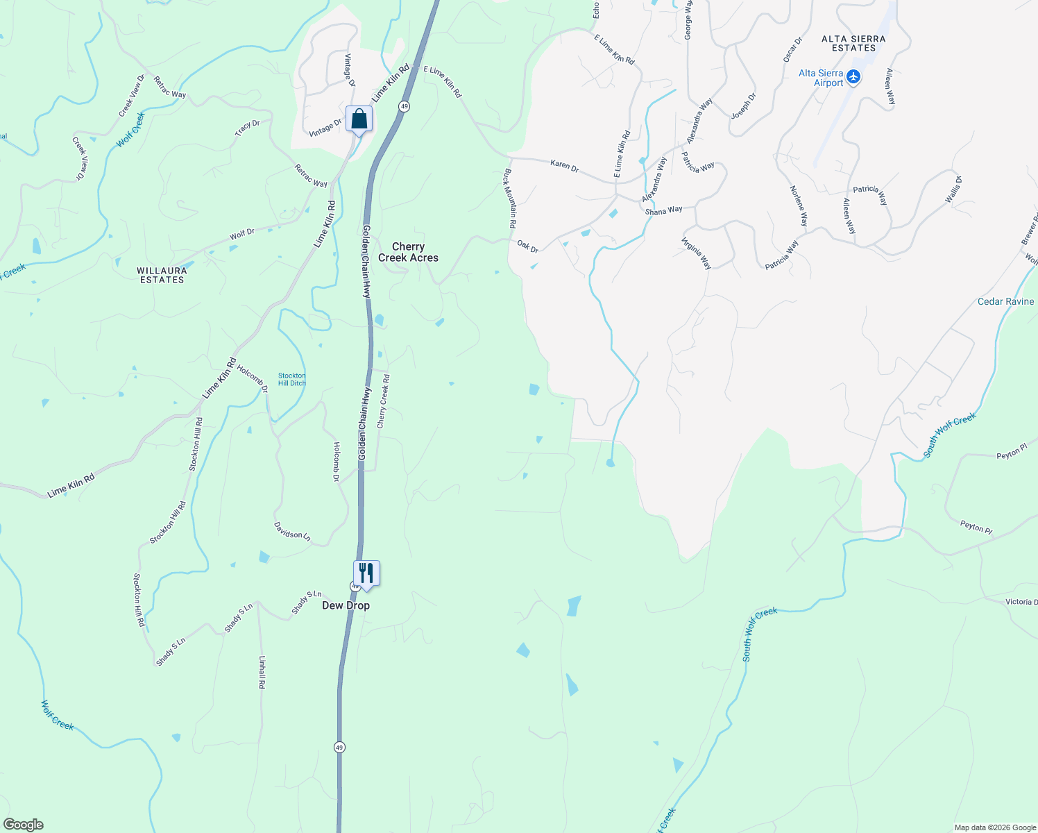 map of restaurants, bars, coffee shops, grocery stores, and more near 18966 Summerland Court in Grass Valley