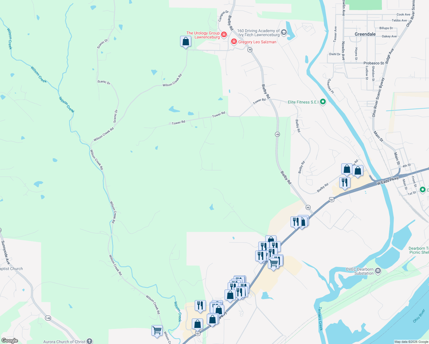 map of restaurants, bars, coffee shops, grocery stores, and more near 15451 Rookwood Drive in Lawrenceburg