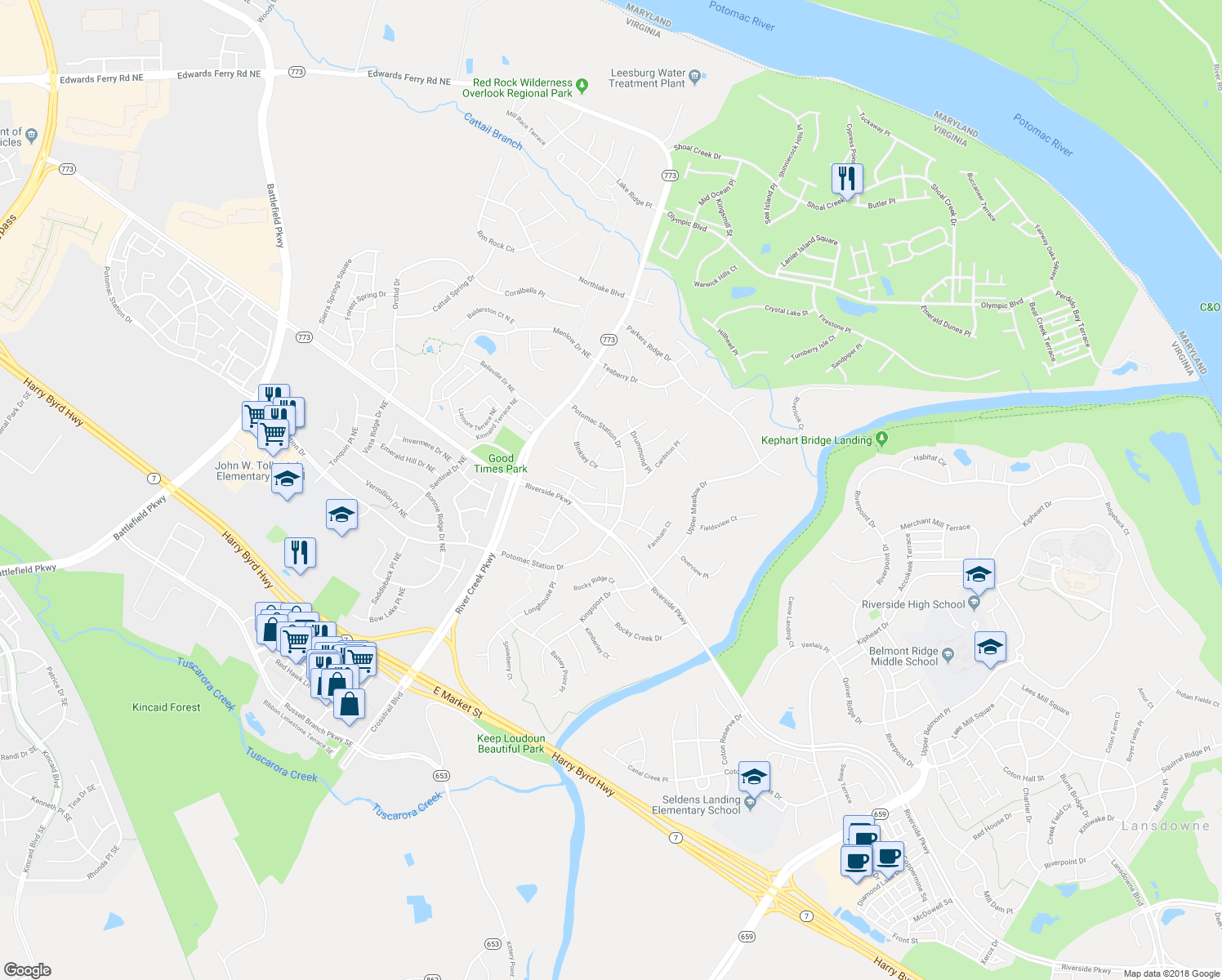 map of restaurants, bars, coffee shops, grocery stores, and more near 18764 Trident Square in Leesburg