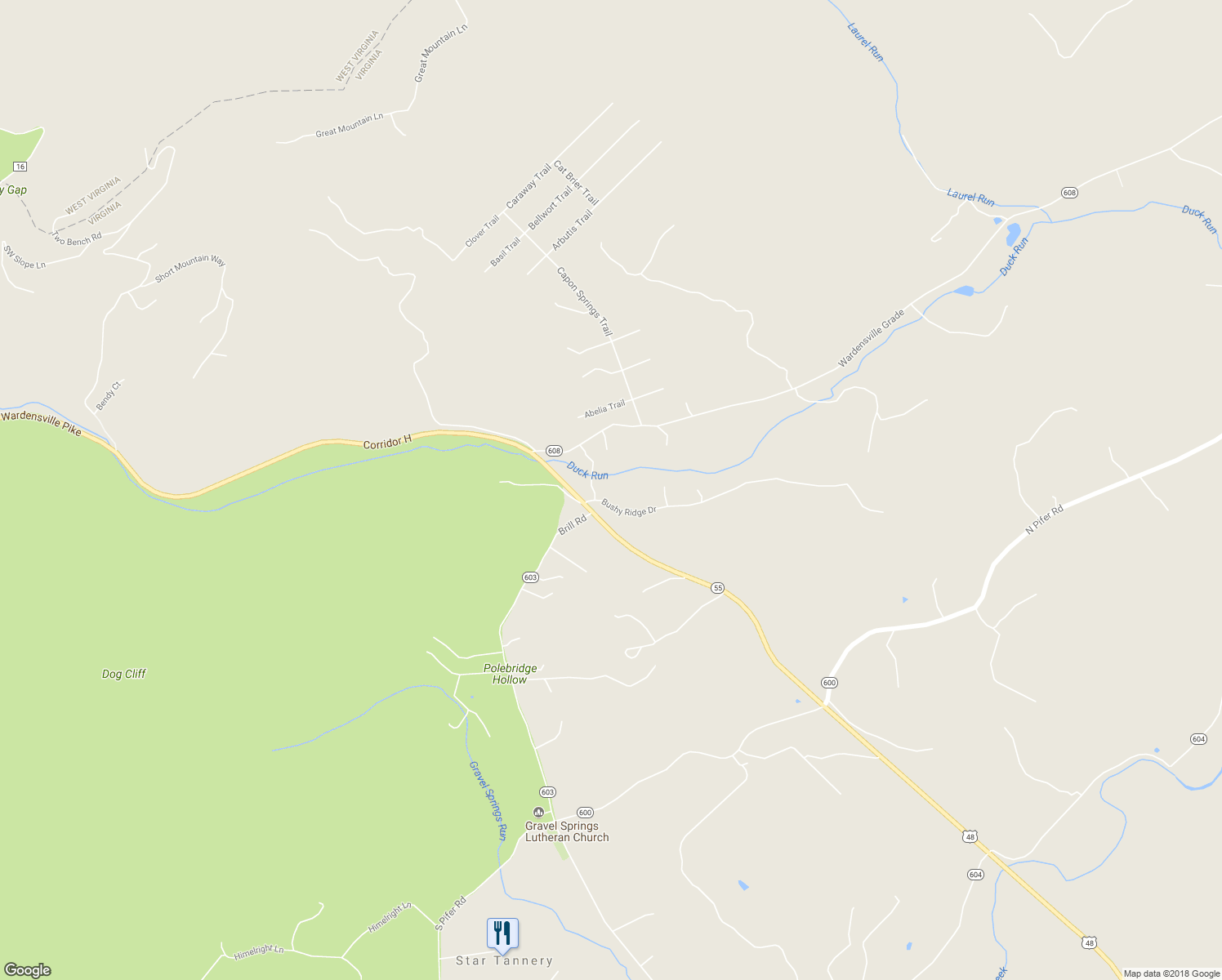 map of restaurants, bars, coffee shops, grocery stores, and more near 141 Bushy Ridge Drive in Star Tannery