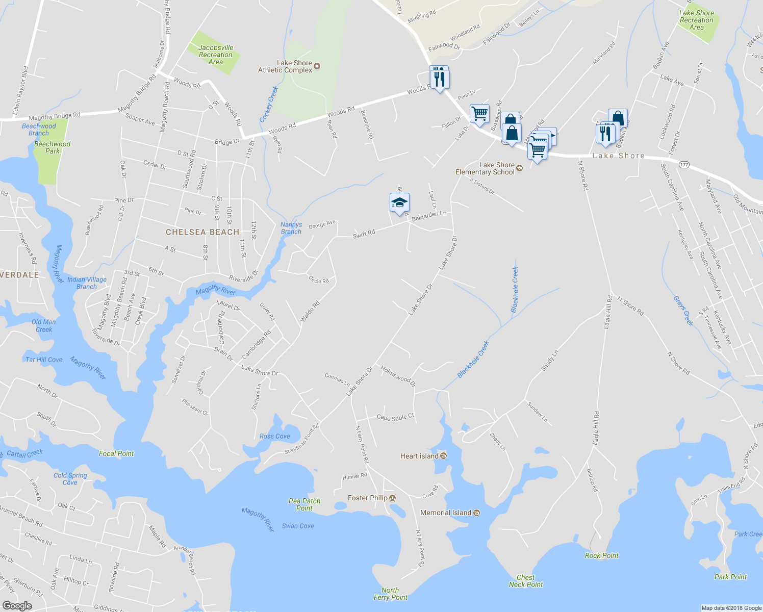 map of restaurants, bars, coffee shops, grocery stores, and more near 138 Lake Shore Drive in Pasadena
