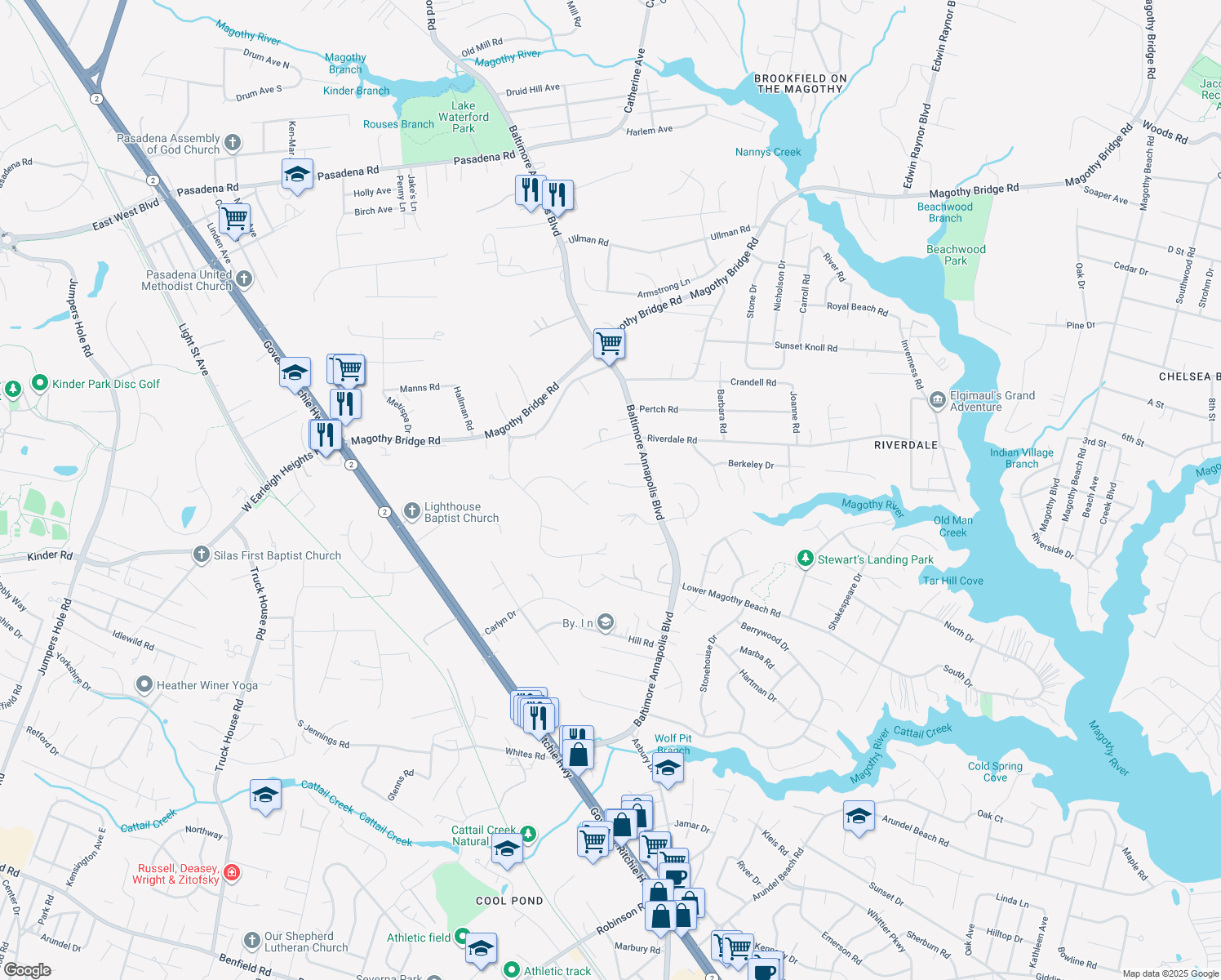 map of restaurants, bars, coffee shops, grocery stores, and more near 218 Baltimore Annapolis Boulevard in Severna Park