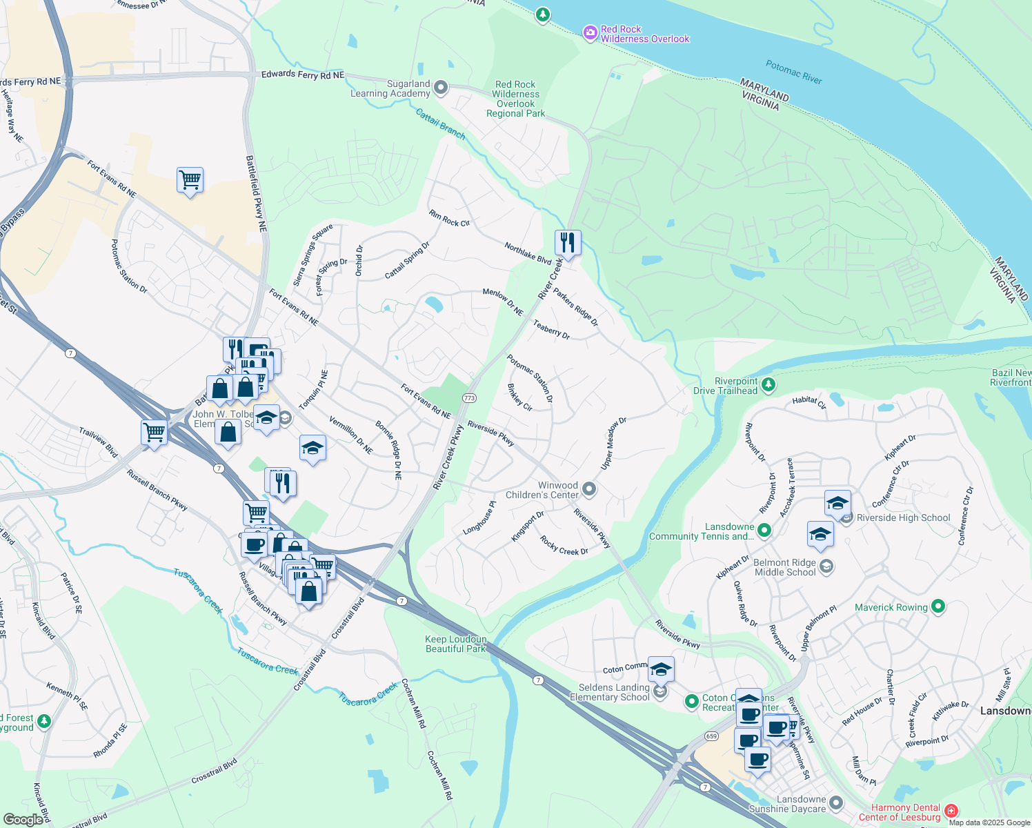 map of restaurants, bars, coffee shops, grocery stores, and more near 43088 Candlewick Square in Leesburg