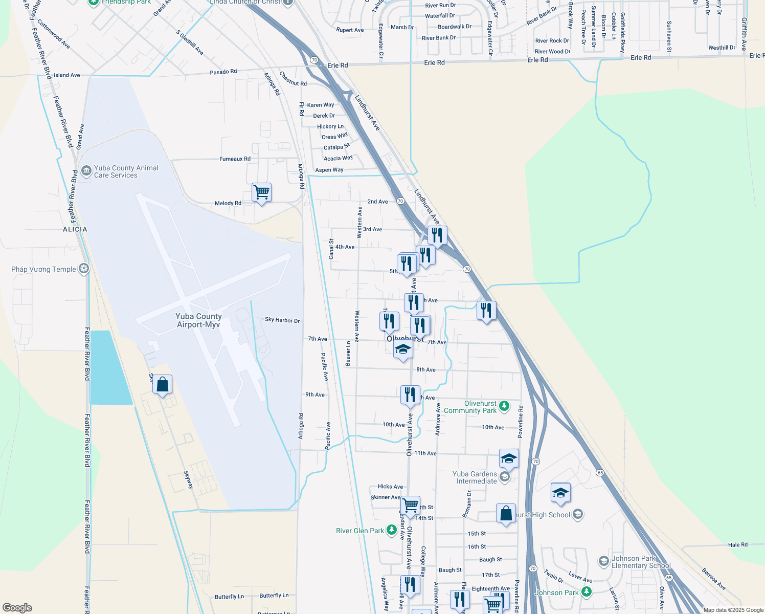 map of restaurants, bars, coffee shops, grocery stores, and more near 4950 Tulsa Avenue in Olivehurst