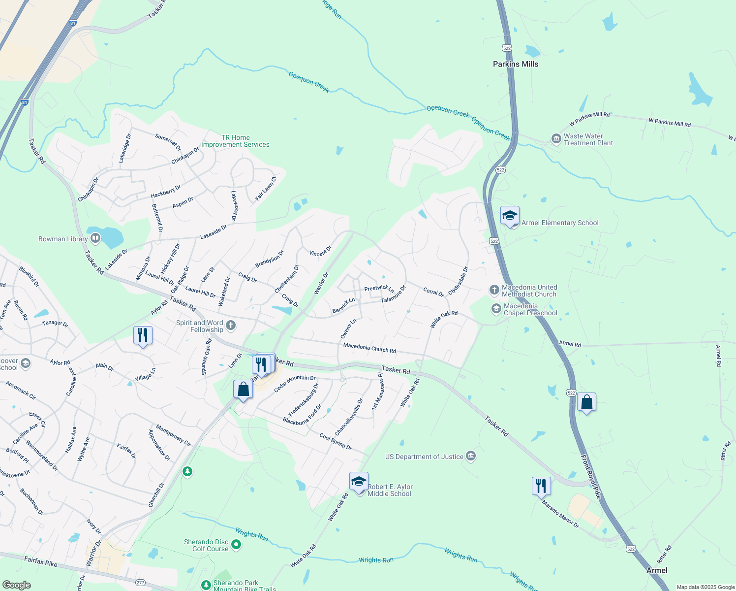 map of restaurants, bars, coffee shops, grocery stores, and more near 108 Bowling Green Circle in Stephens City
