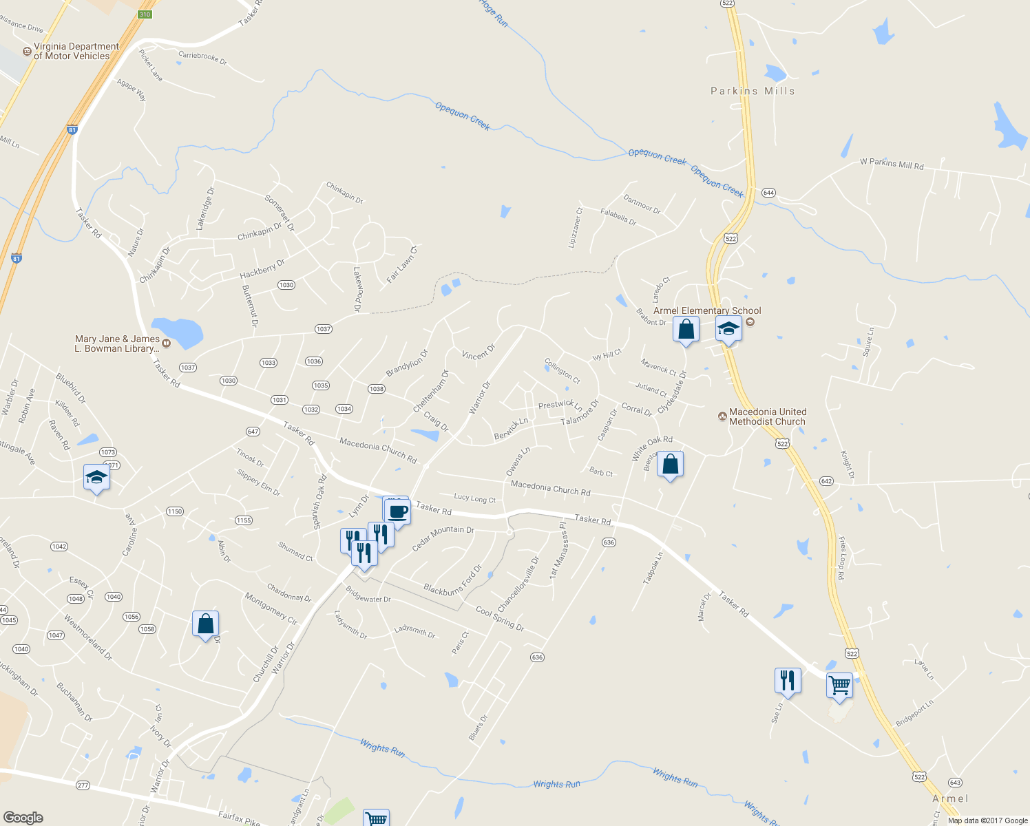 map of restaurants, bars, coffee shops, grocery stores, and more near 111 Quinton Oaks Circle in Stephens City