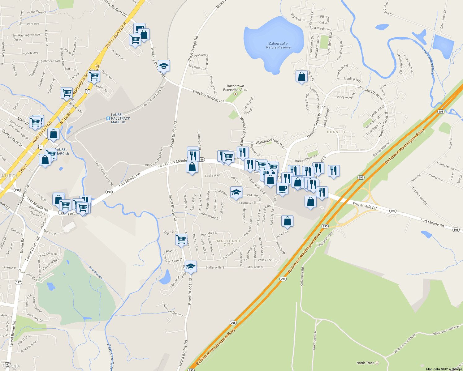 map of restaurants, bars, coffee shops, grocery stores, and more near 3364 Old Line Avenue in Laurel