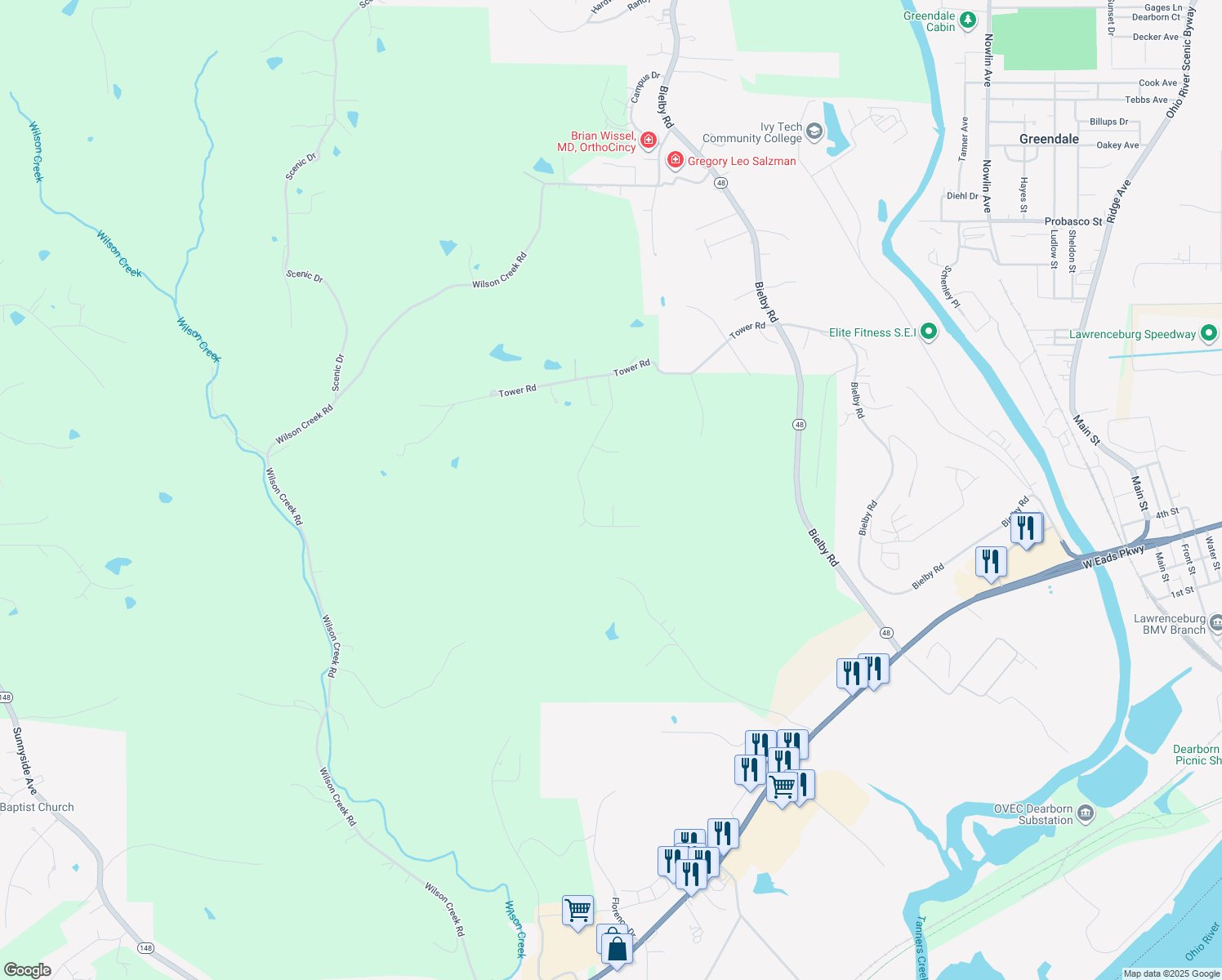 map of restaurants, bars, coffee shops, grocery stores, and more near 15451 Rookwood Drive in Lawrenceburg