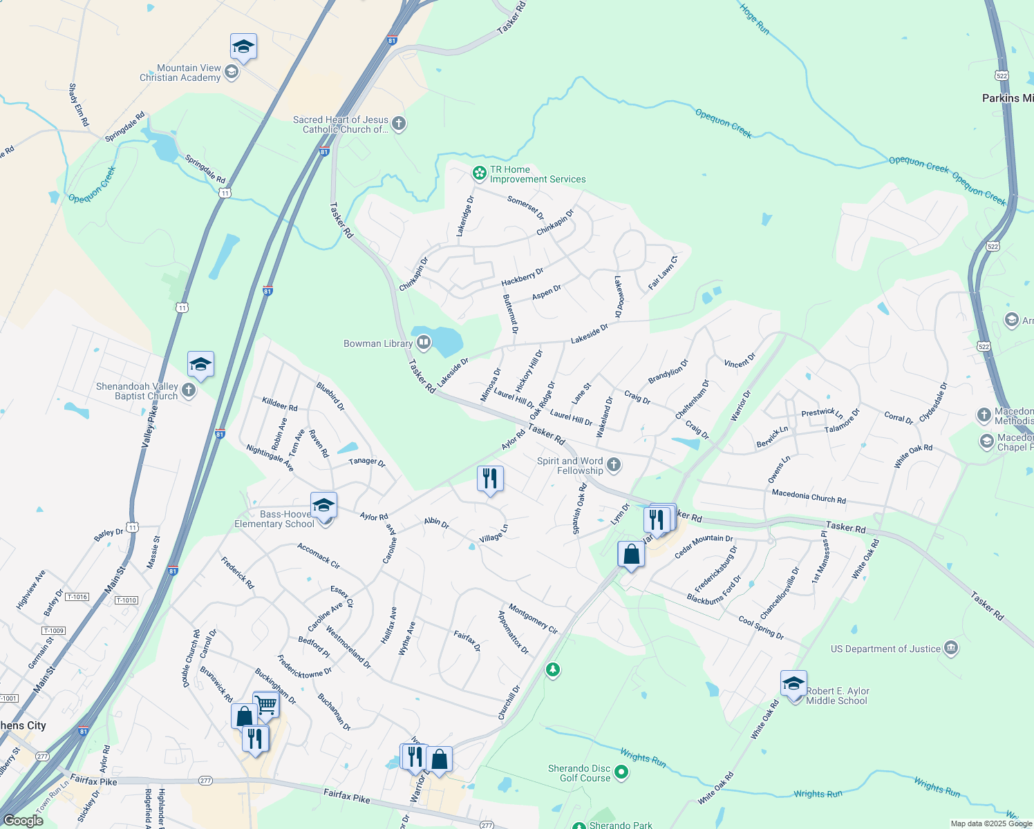 map of restaurants, bars, coffee shops, grocery stores, and more near 1087 Tasker Road in Stephens City