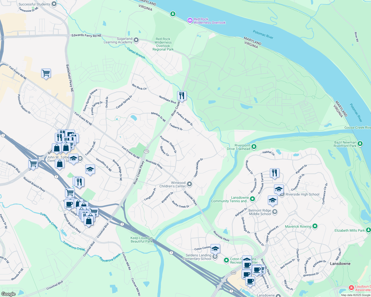 map of restaurants, bars, coffee shops, grocery stores, and more near 43179 Burstall Court in Leesburg