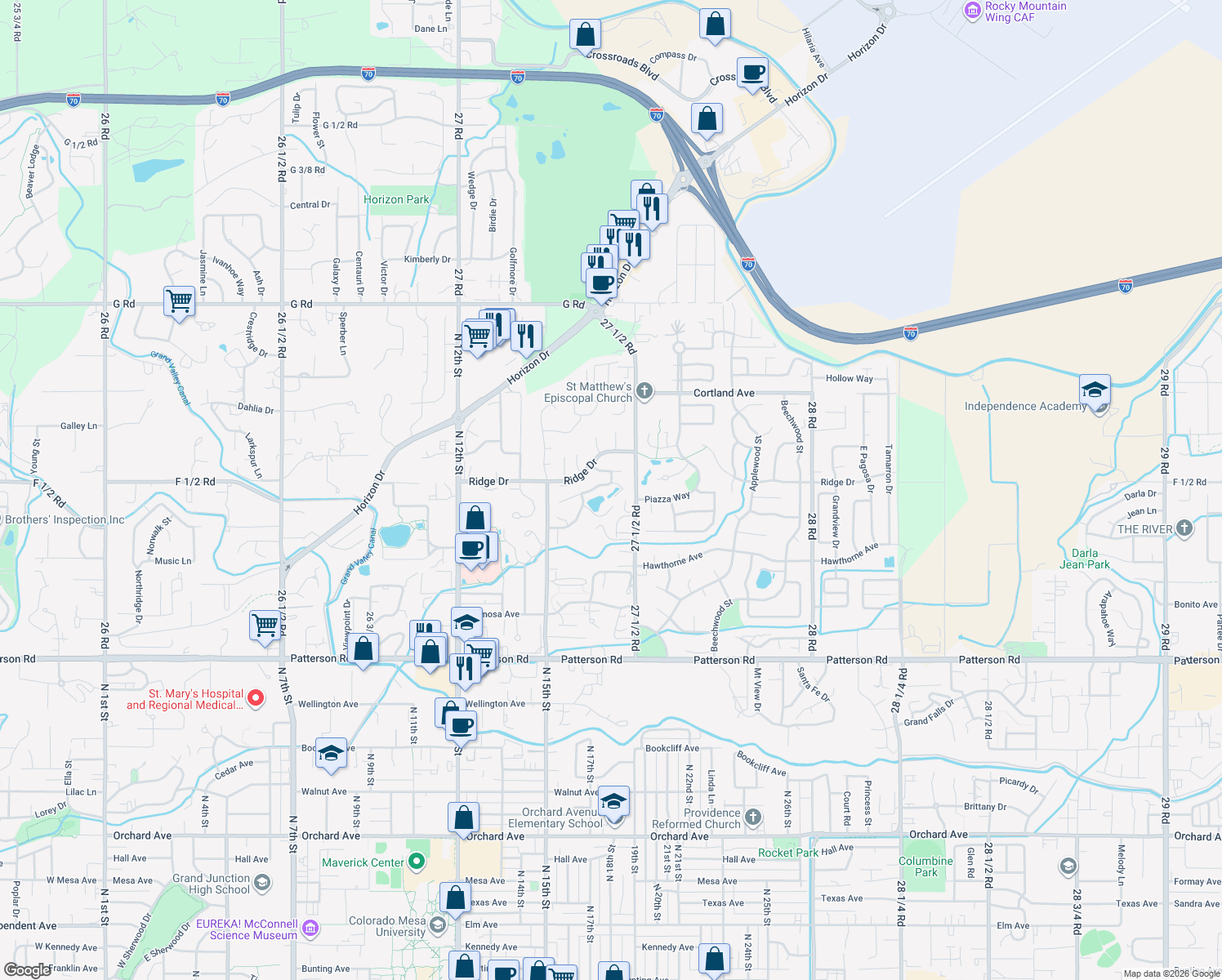 map of restaurants, bars, coffee shops, grocery stores, and more near 1745 Crest View Drive in Grand Junction