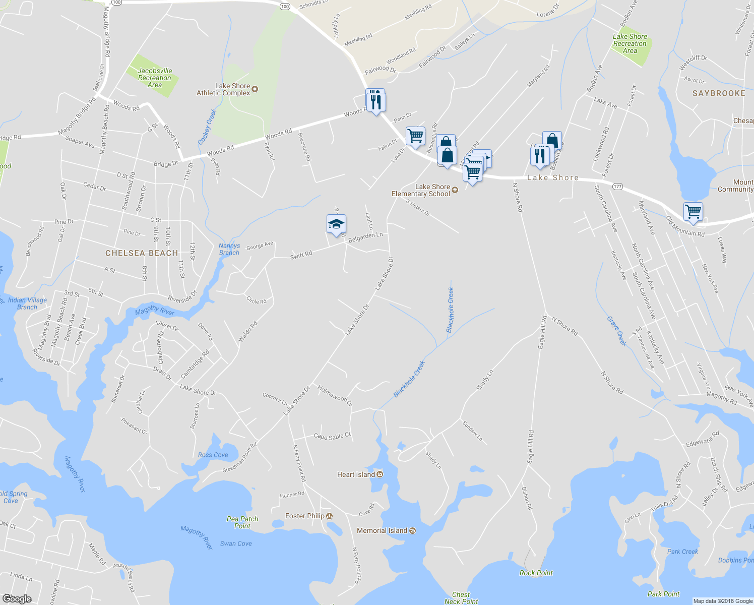 map of restaurants, bars, coffee shops, grocery stores, and more near 107 Lake Shore Drive in Pasadena