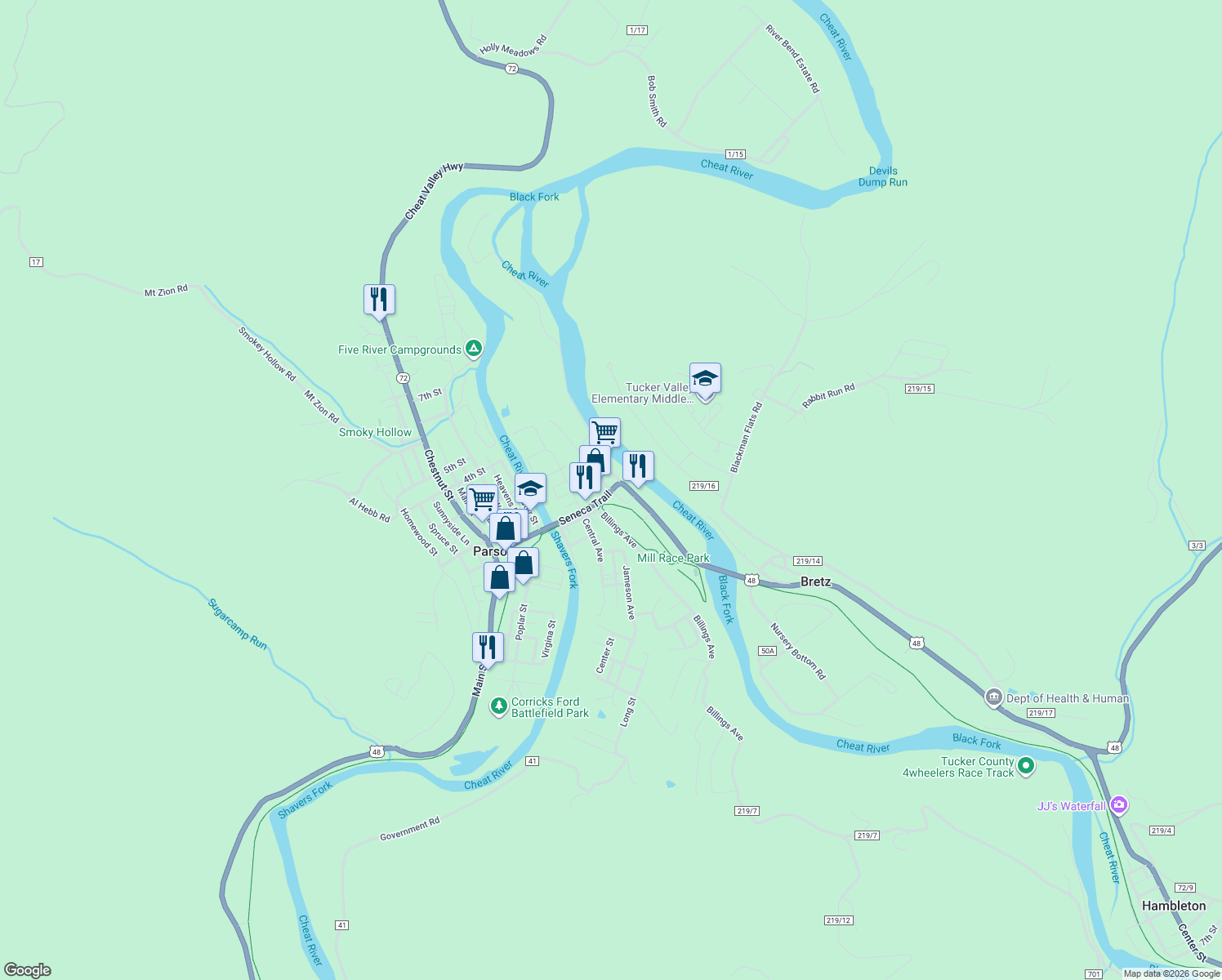 map of restaurants, bars, coffee shops, grocery stores, and more near 332 Pinecrest Dr in Parsons