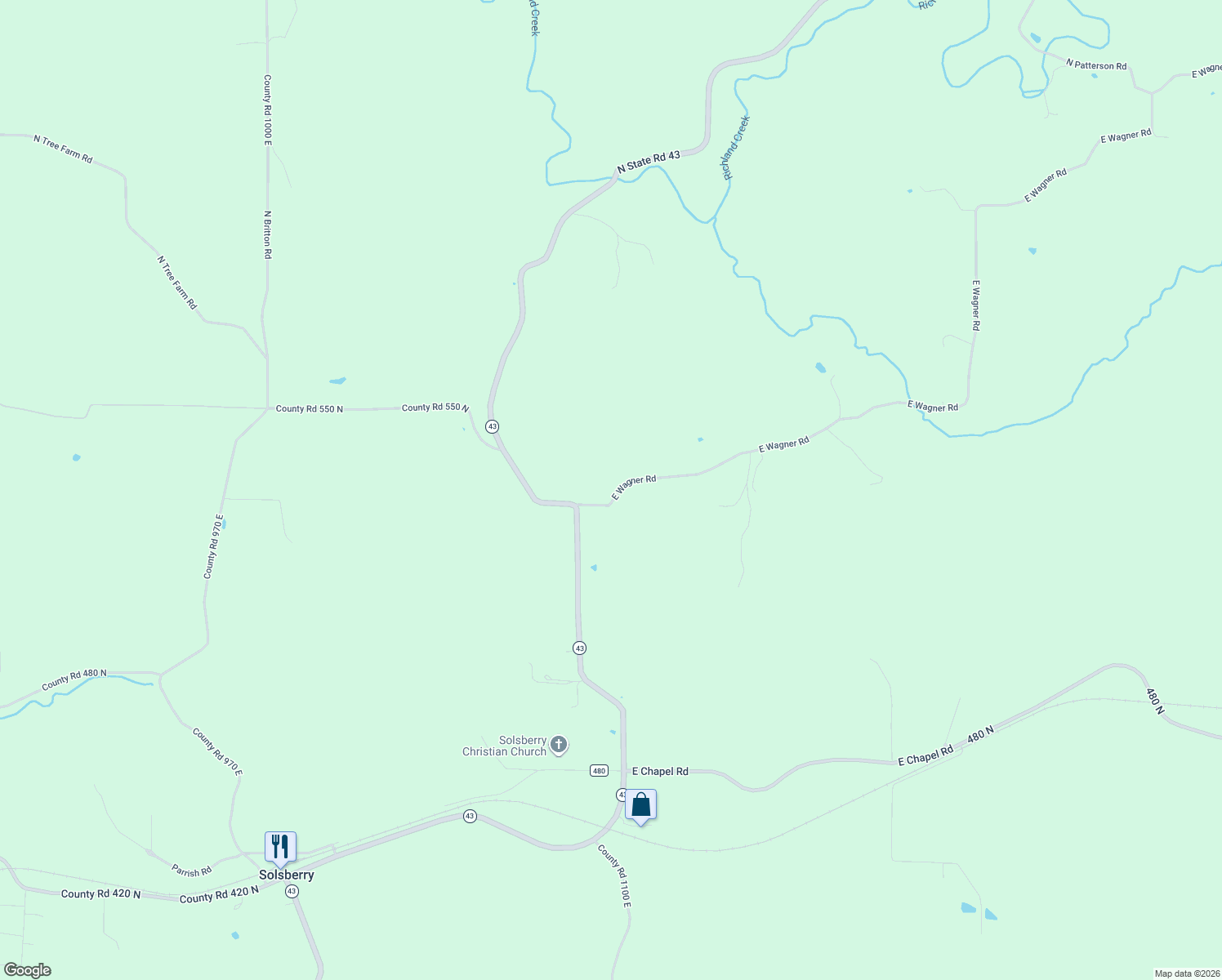 map of restaurants, bars, coffee shops, grocery stores, and more near 11005 Wagner Road in Solsberry