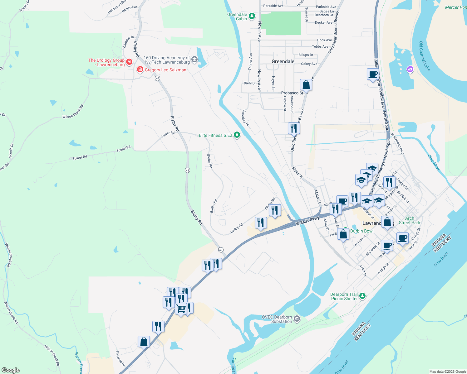 map of restaurants, bars, coffee shops, grocery stores, and more near 124 Heiner Heights Drive in Lawrenceburg