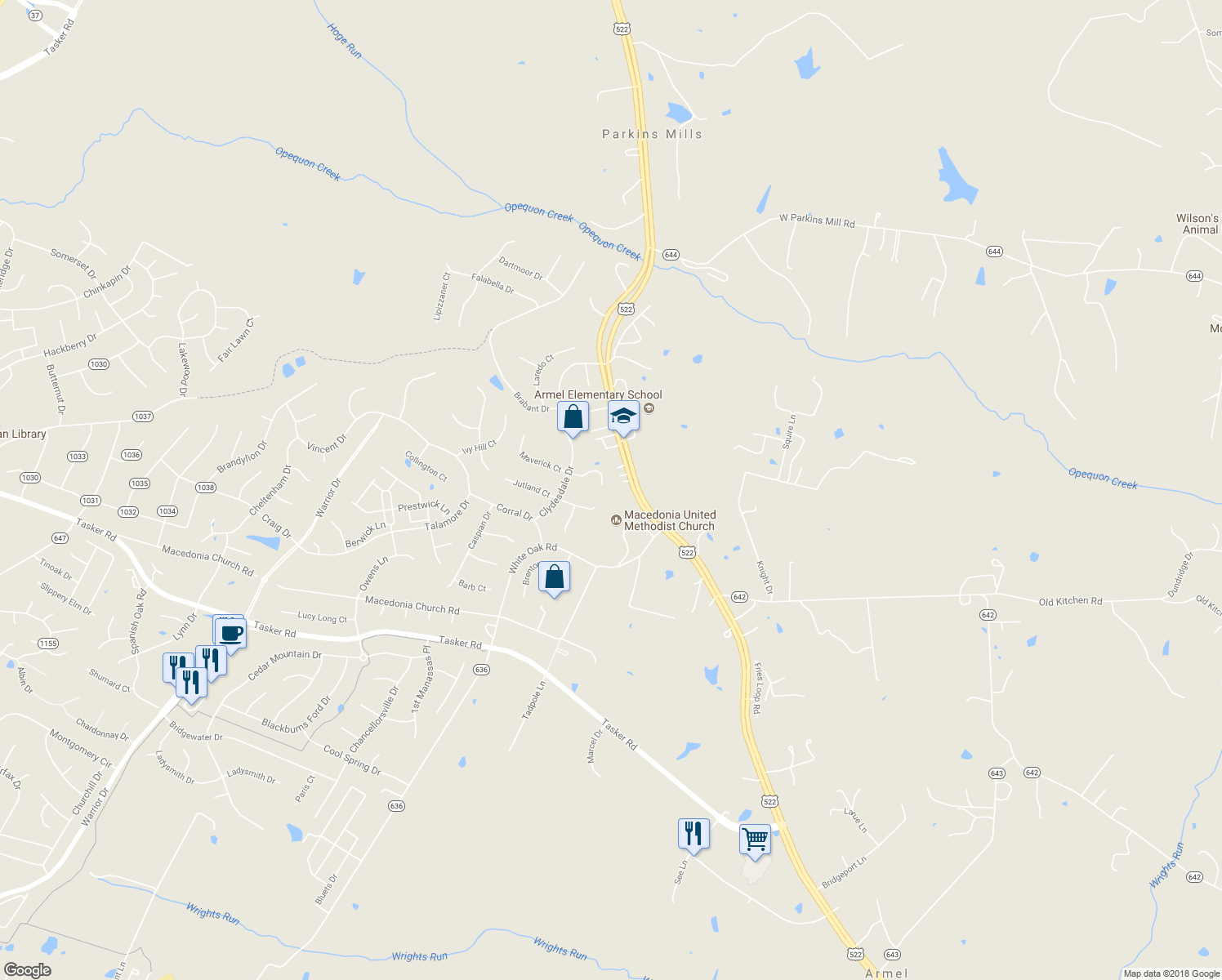 map of restaurants, bars, coffee shops, grocery stores, and more near 117 Lariat Court in Stephens City