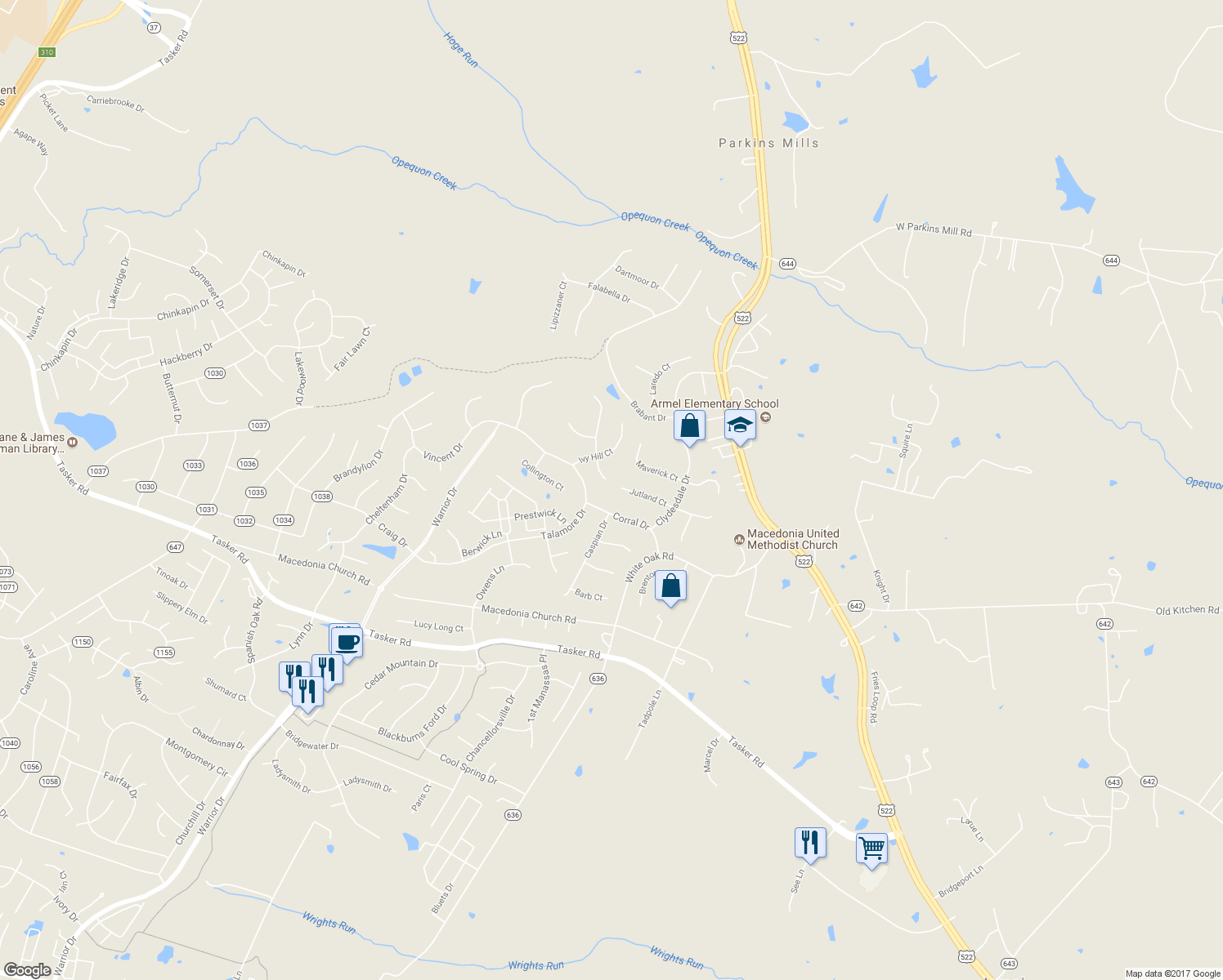 map of restaurants, bars, coffee shops, grocery stores, and more near 119 Jutland Court in Stephens City