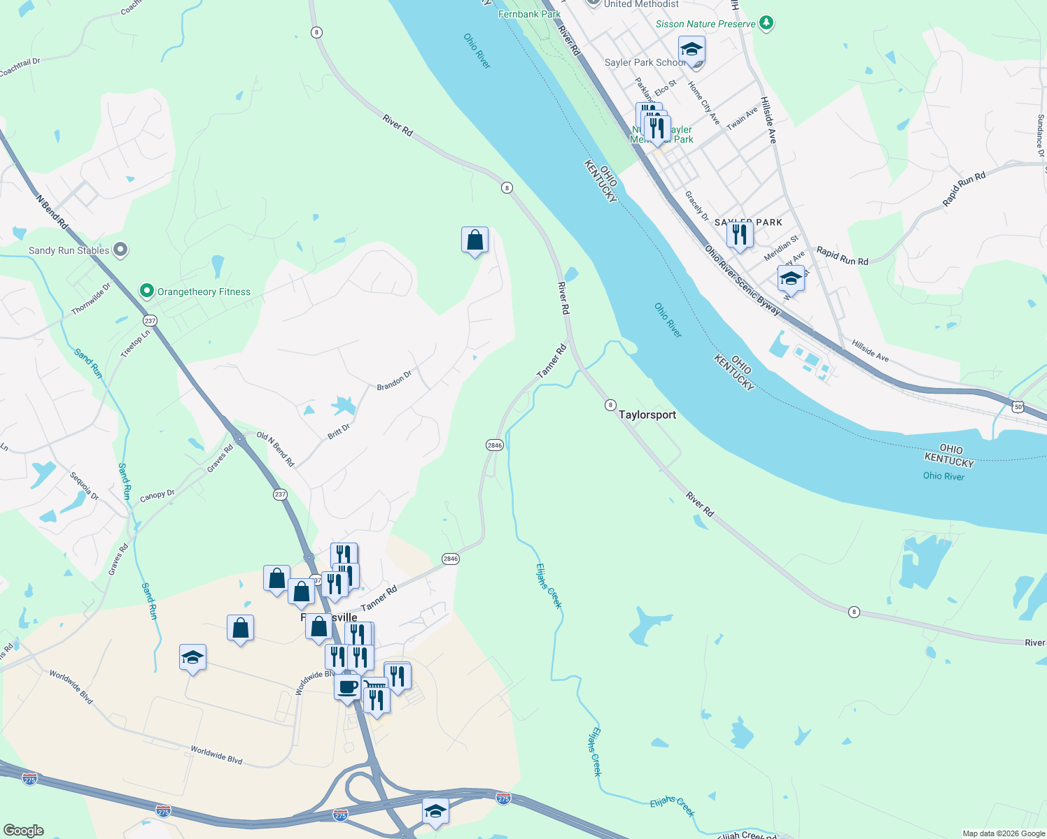 map of restaurants, bars, coffee shops, grocery stores, and more near 1538 Tanner Road in Hebron