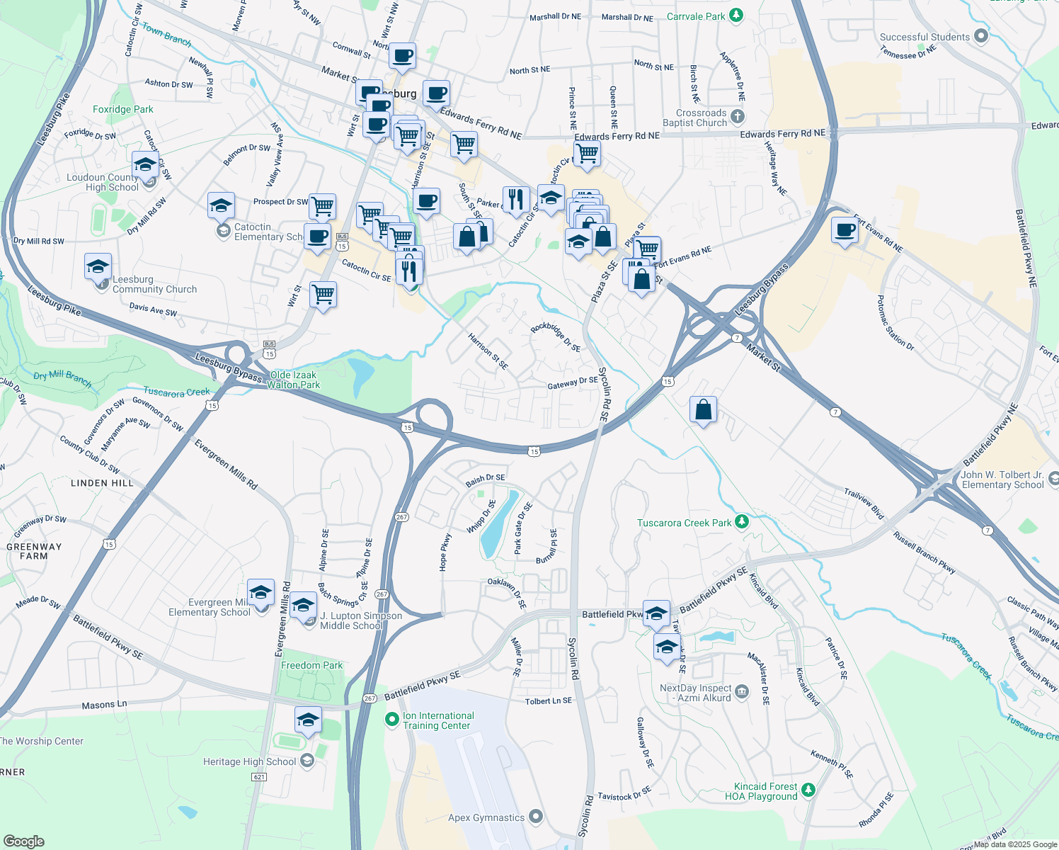 map of restaurants, bars, coffee shops, grocery stores, and more near 777 Vanderbilt Terrace Southeast in Leesburg