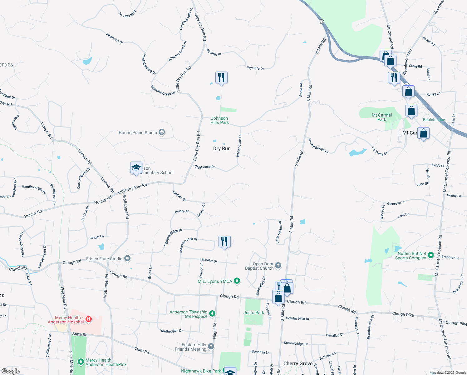 map of restaurants, bars, coffee shops, grocery stores, and more near 8008 Willowhills Drive in Cincinnati