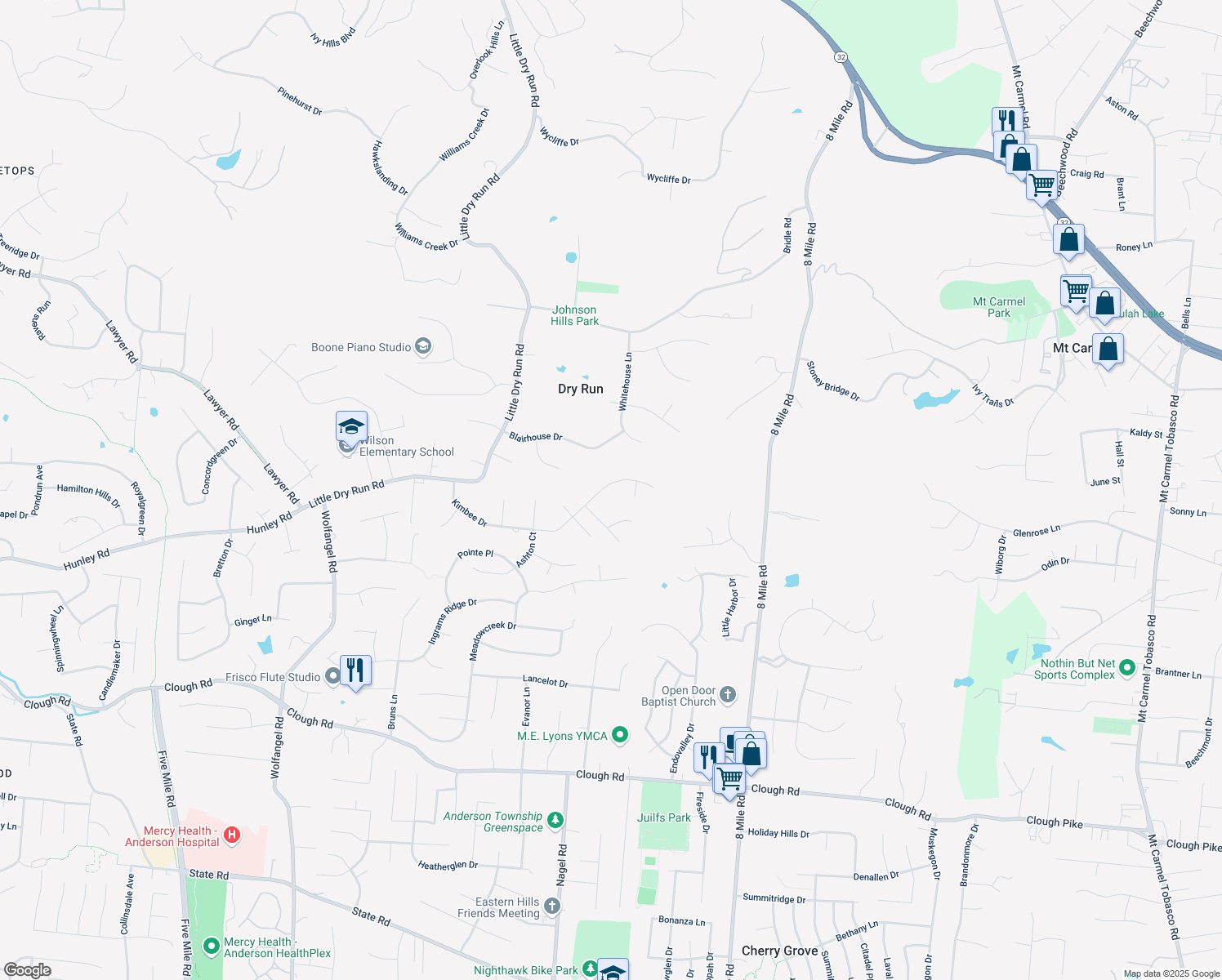map of restaurants, bars, coffee shops, grocery stores, and more near 8008 Willowhills Drive in Cincinnati