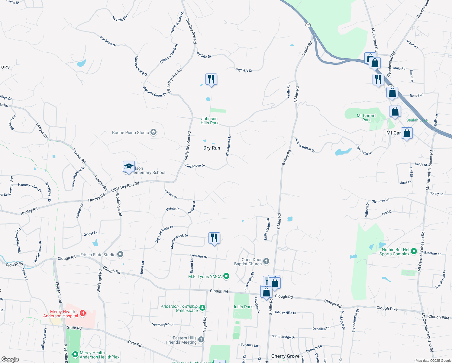 map of restaurants, bars, coffee shops, grocery stores, and more near 8008 Willowhills Drive in Cincinnati