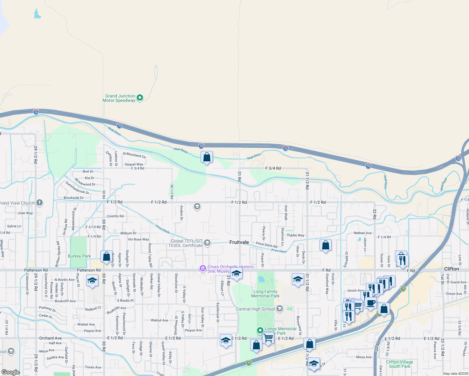 map of restaurants, bars, coffee shops, grocery stores, and more near 657 Huntington Road in Grand Junction