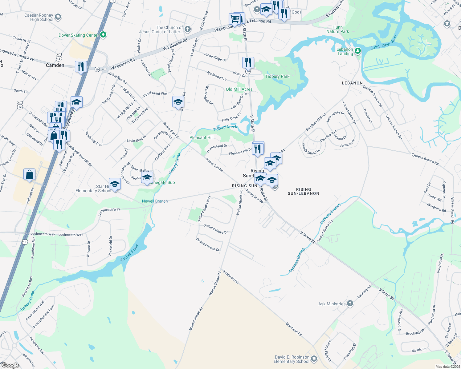 map of restaurants, bars, coffee shops, grocery stores, and more near 1485 Voshells Mill Star Hill Road in Dover