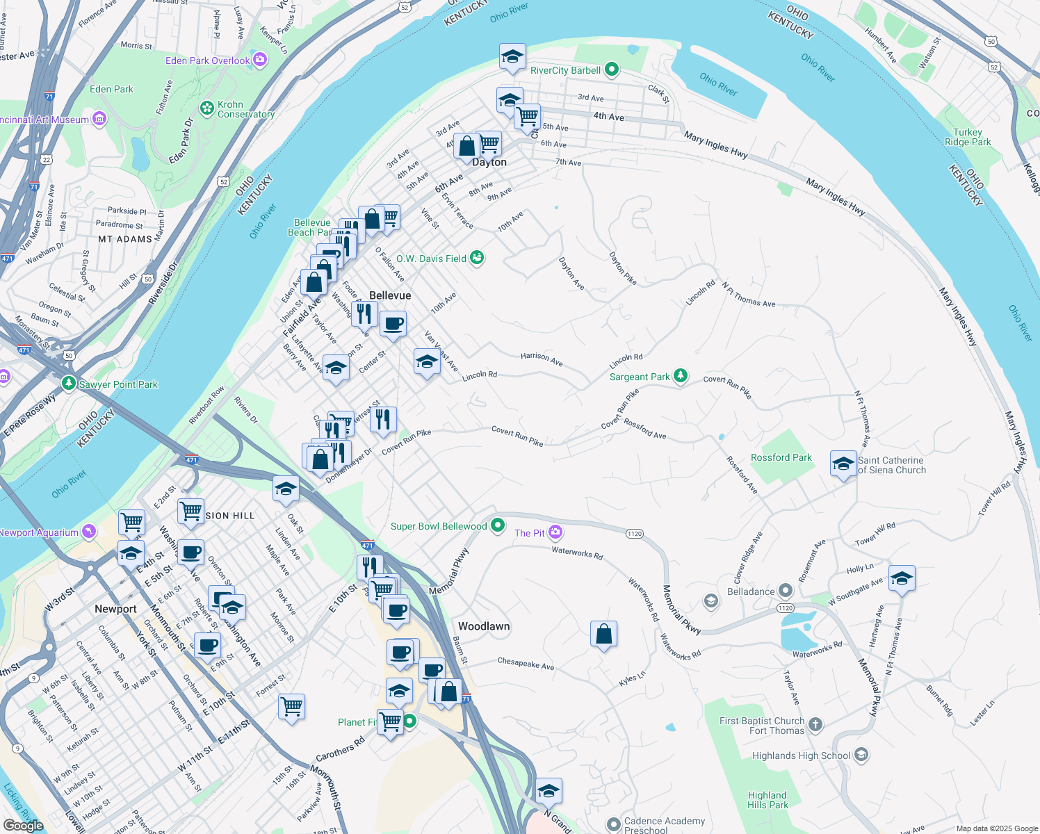 map of restaurants, bars, coffee shops, grocery stores, and more near 611 South O Fallon Avenue in Bellevue