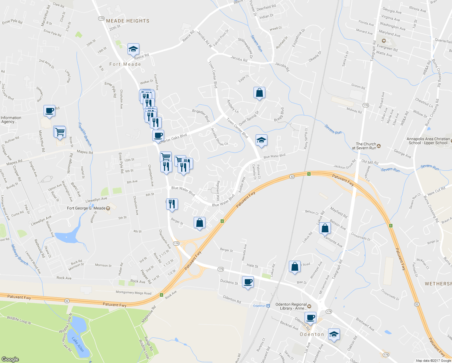 map of restaurants, bars, coffee shops, grocery stores, and more near 2002 Cramer Point Court in Odenton