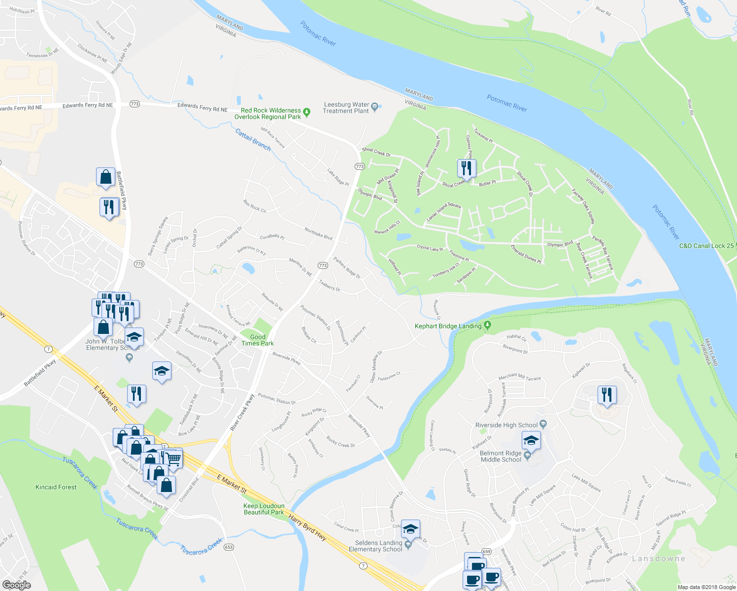 map of restaurants, bars, coffee shops, grocery stores, and more near 43207 Parkers Ridge Drive in Leesburg