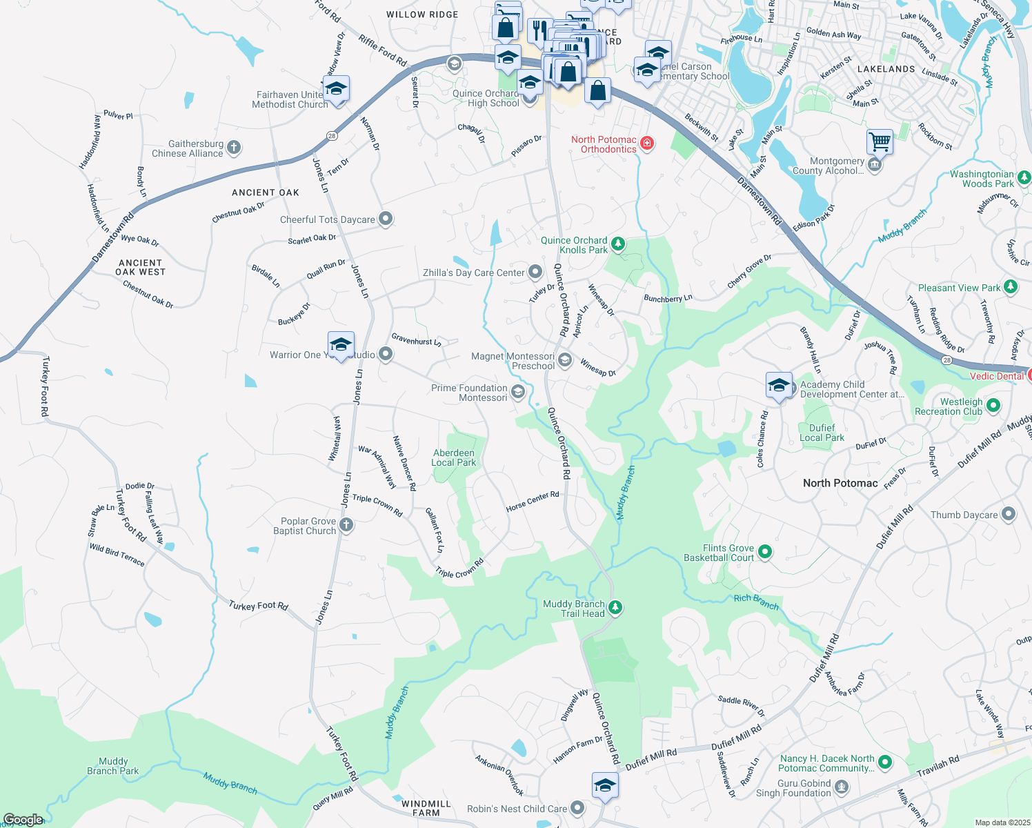 map of restaurants, bars, coffee shops, grocery stores, and more near 12400 Falconbridge Drive in North Potomac