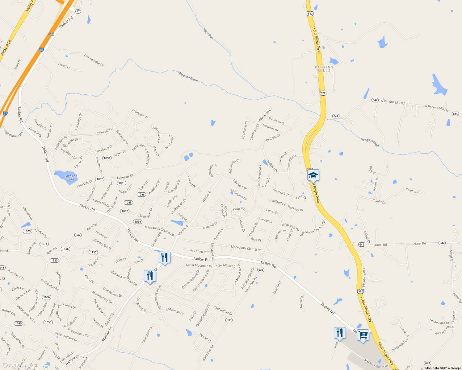 map of restaurants, bars, coffee shops, grocery stores, and more near 101 Collington Court in Stephens City