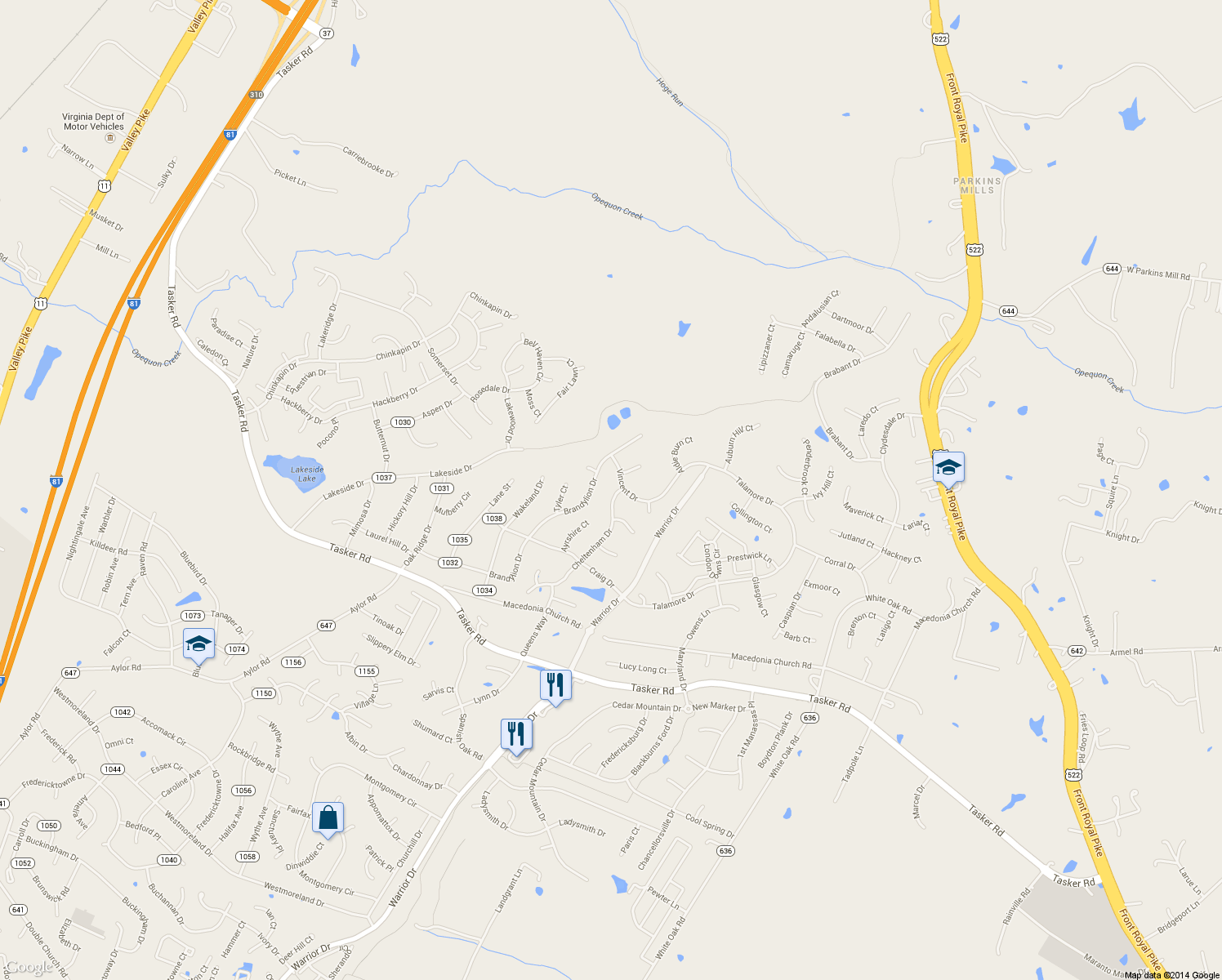 map of restaurants, bars, coffee shops, grocery stores, and more near 327 Cheltenham Drive in Stephens City