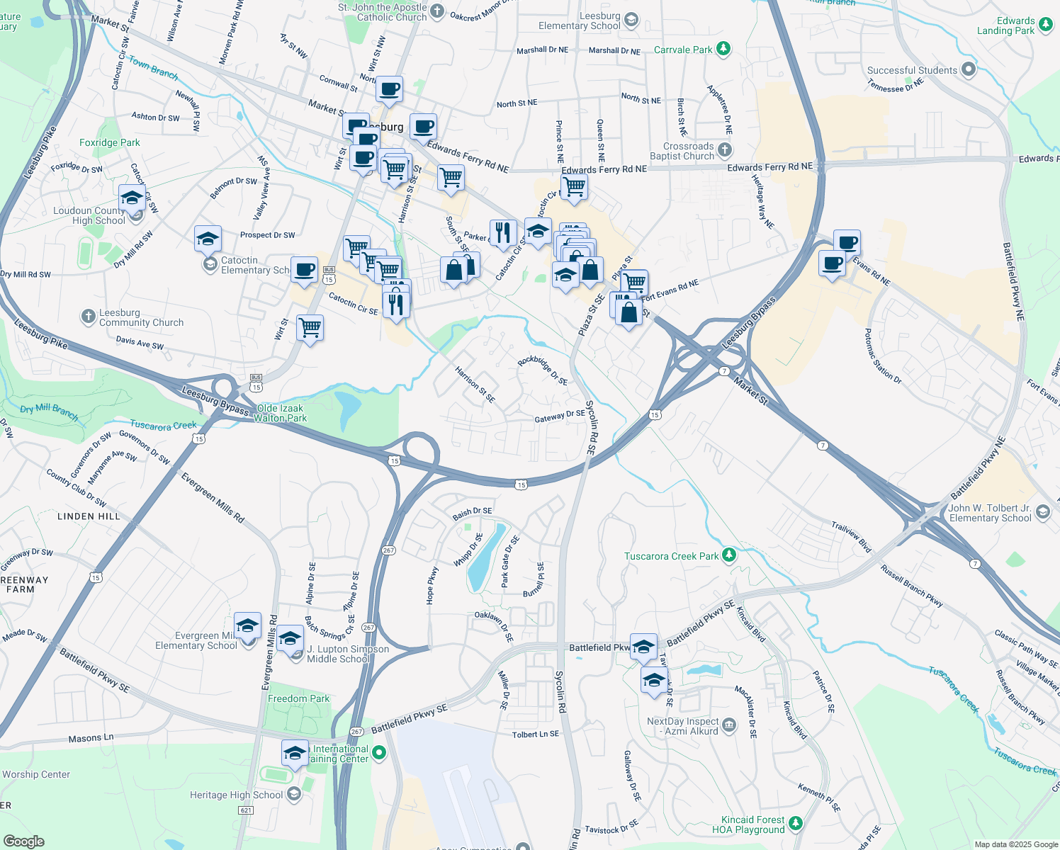 map of restaurants, bars, coffee shops, grocery stores, and more near 704 Vanderbilt Terrace Southeast in Leesburg