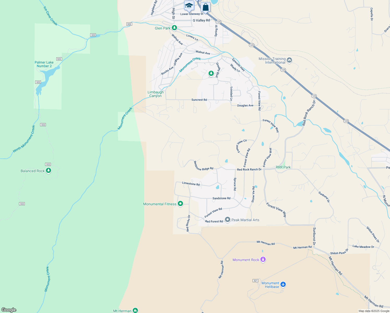map of restaurants, bars, coffee shops, grocery stores, and more near 4691 Red Rock Ranch Drive in Monument