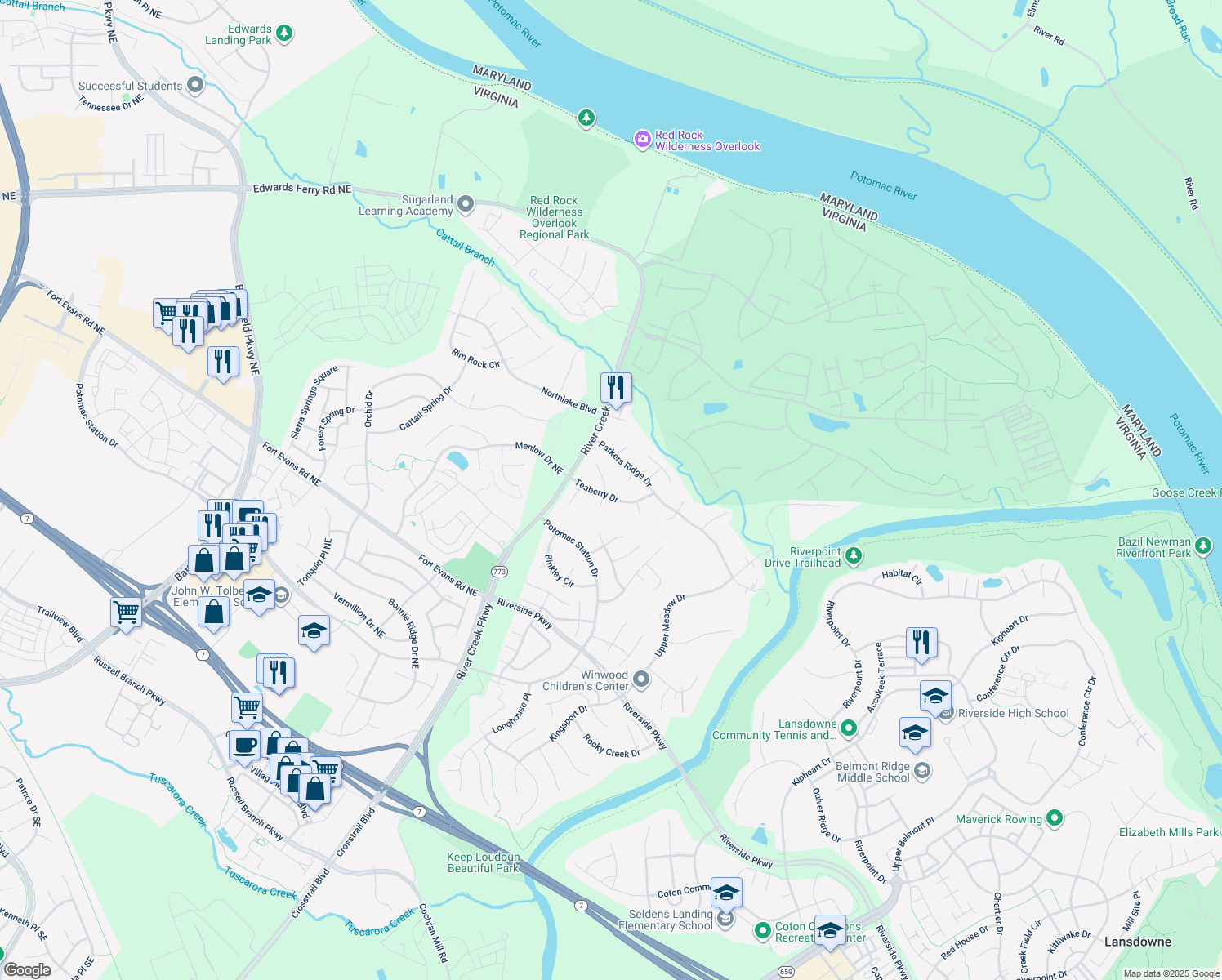 map of restaurants, bars, coffee shops, grocery stores, and more near 18582 Dettington Court in Leesburg